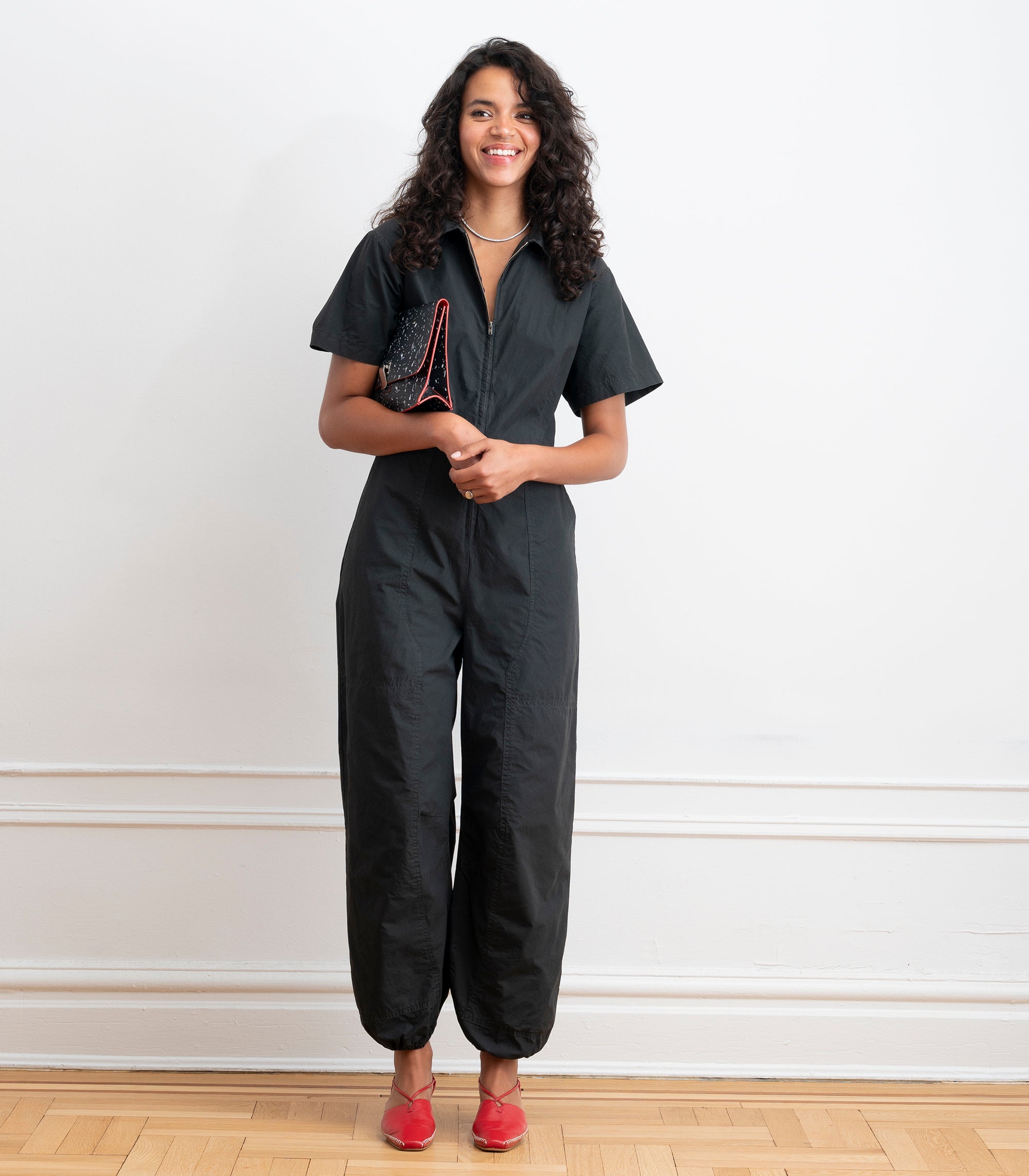 Clara Short Sleeve Parachute Leg Jumpsuit - Black