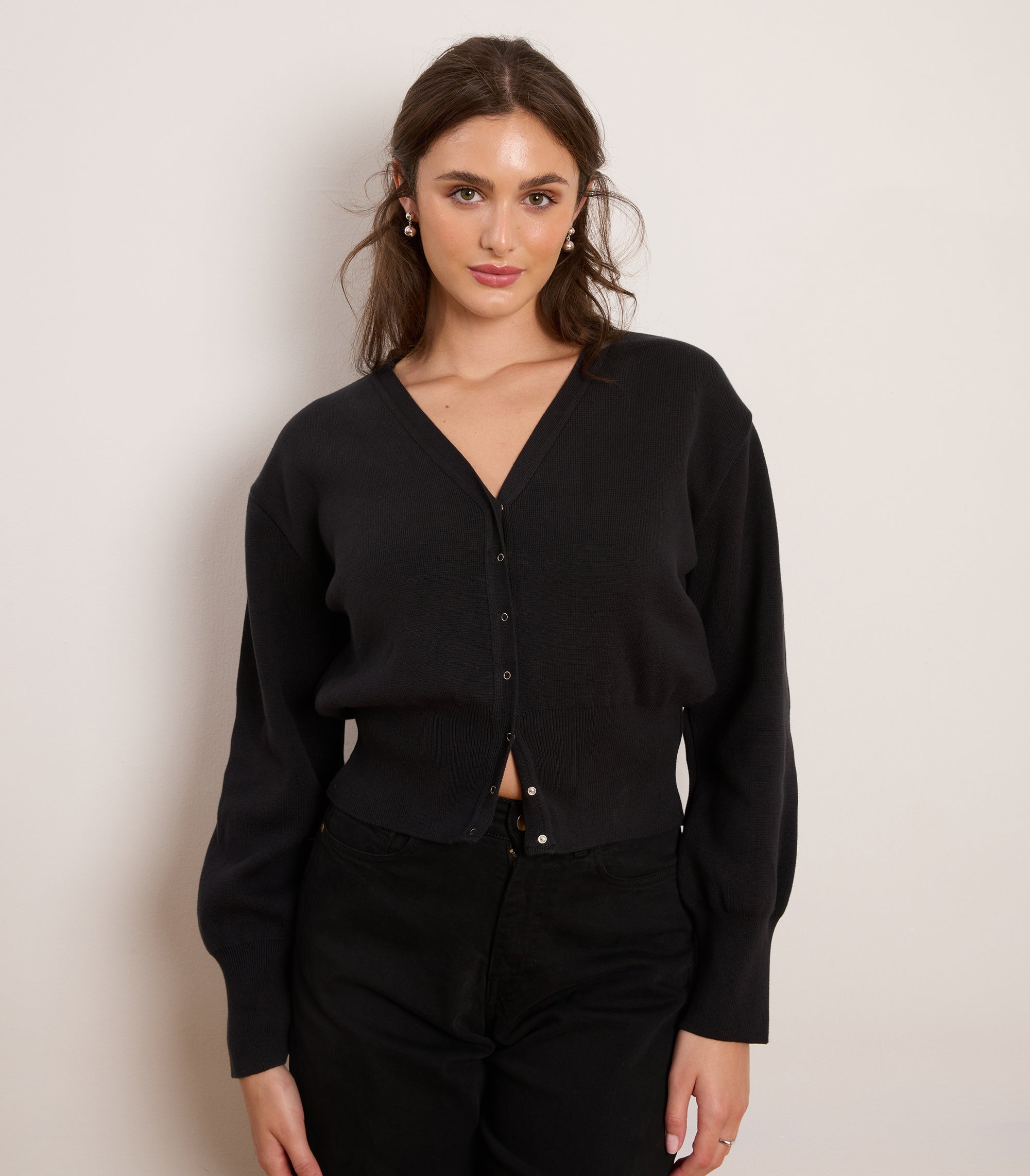 Celia Cropped Snap Cardigan - Black