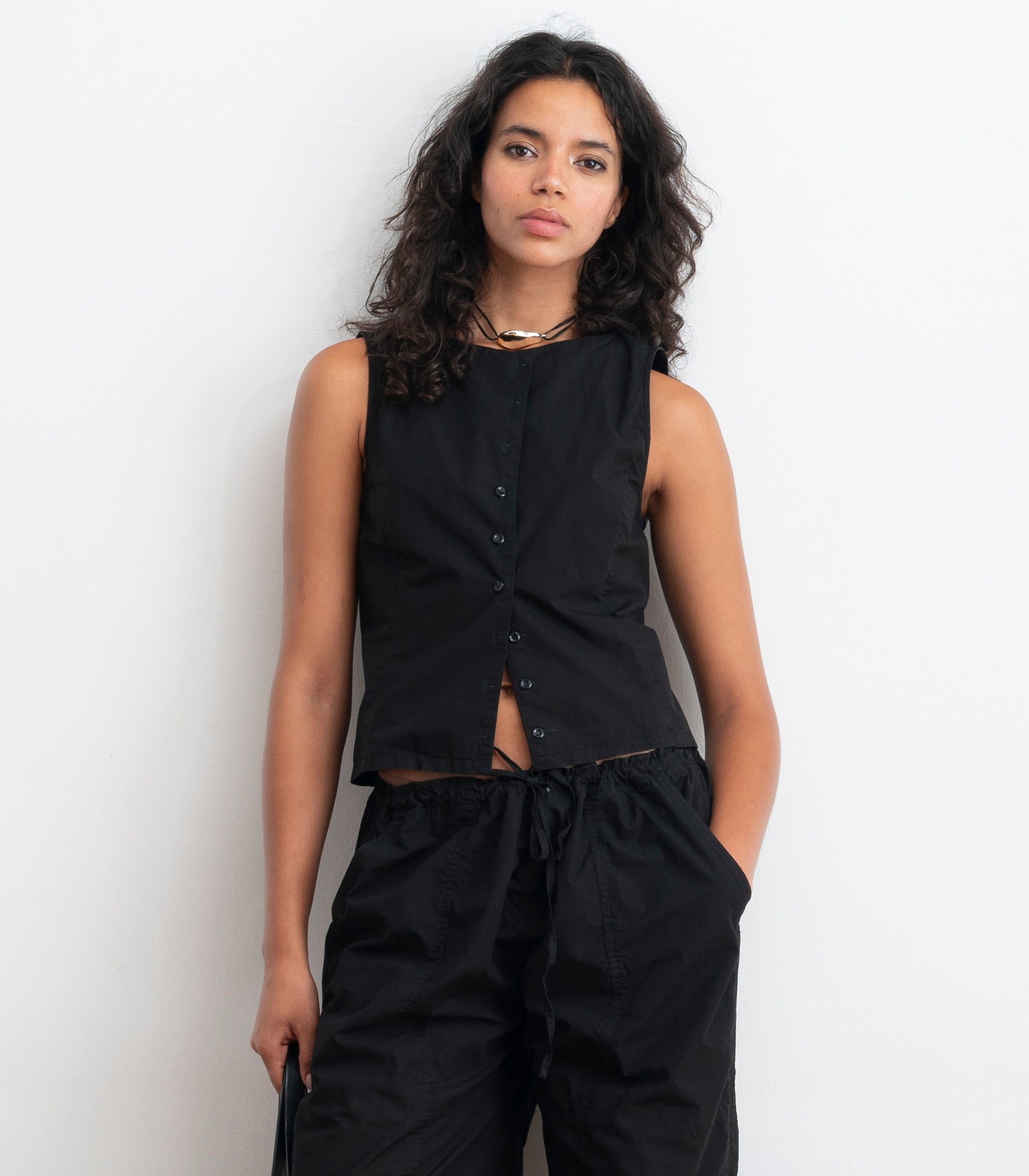 Hannah Cropped Tie Vest - Black