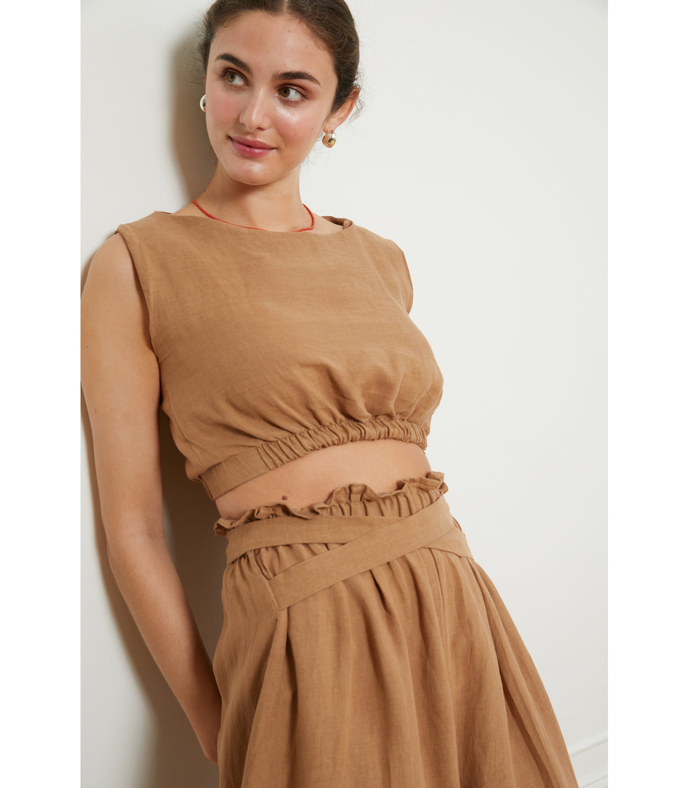 Carla Crop Top & Andy Draped Wide Linen Pants - Brown | LOUP x Biankalu