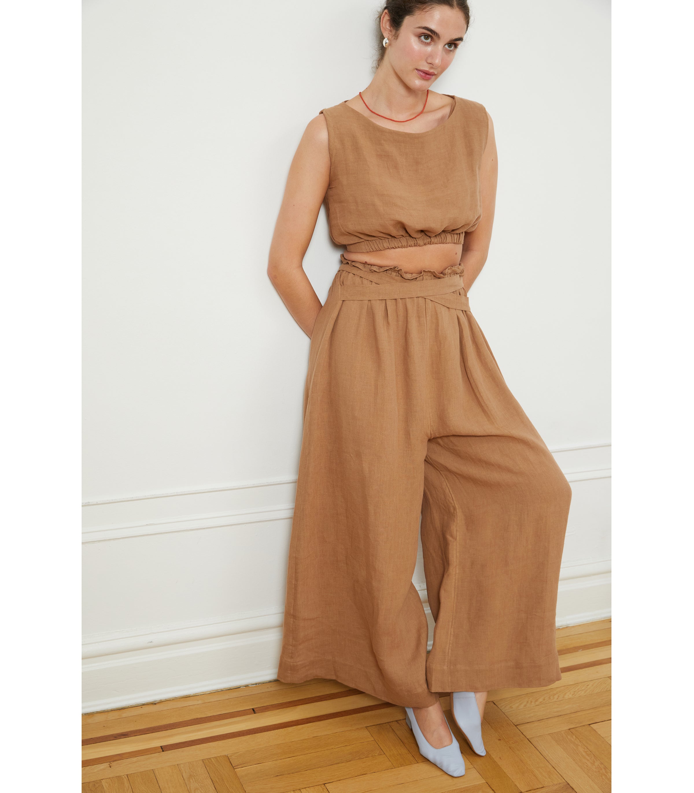 Carla Crop Top & Andy Draped Wide Linen Pants - Brown | LOUP x Biankalu