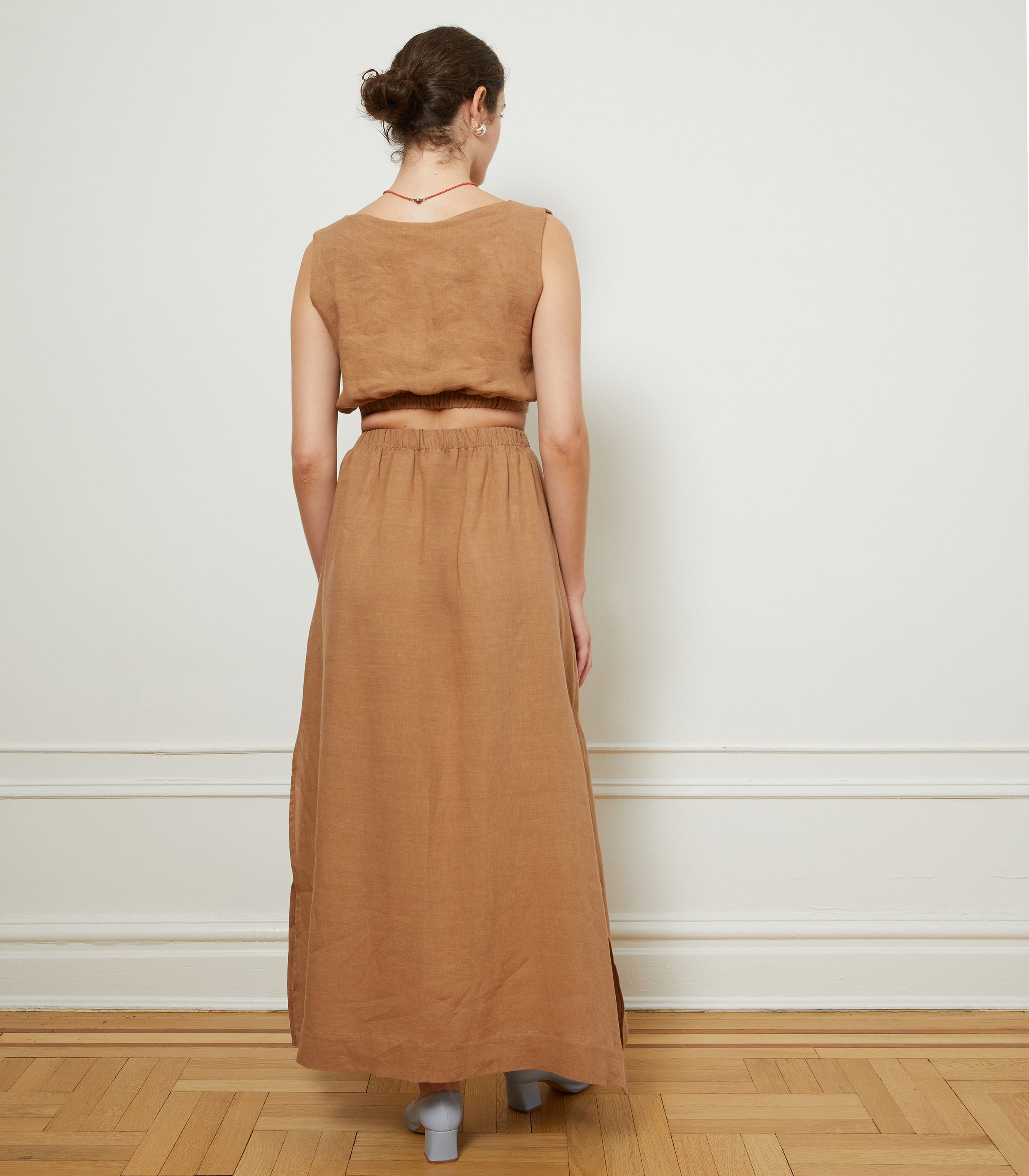 Carla Crop Top & Andy Draped Wide Linen Pants - Brown | LOUP x Biankalu