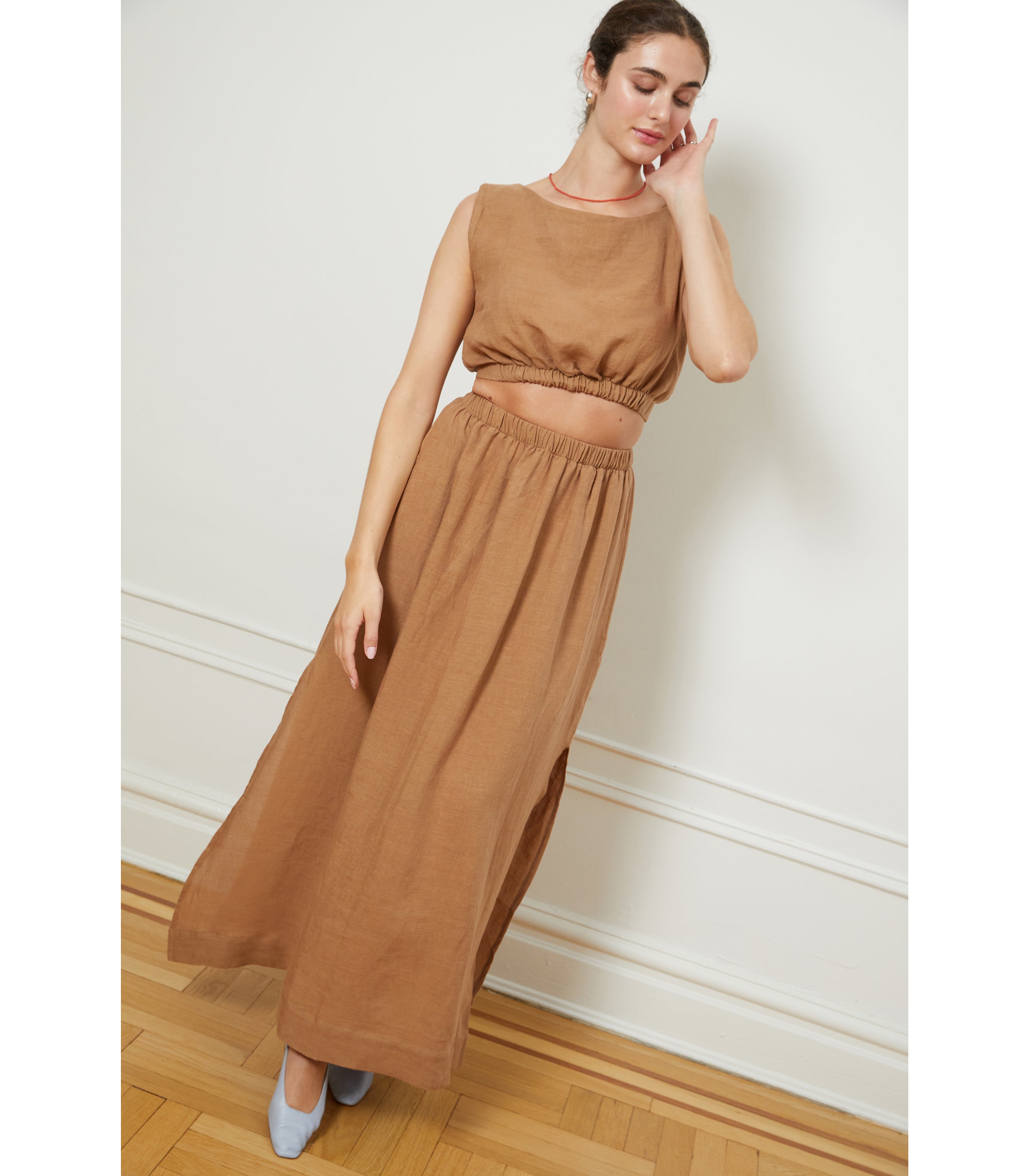 Carla Crop Top & Andy Draped Wide Linen Pants - Brown | LOUP x Biankalu