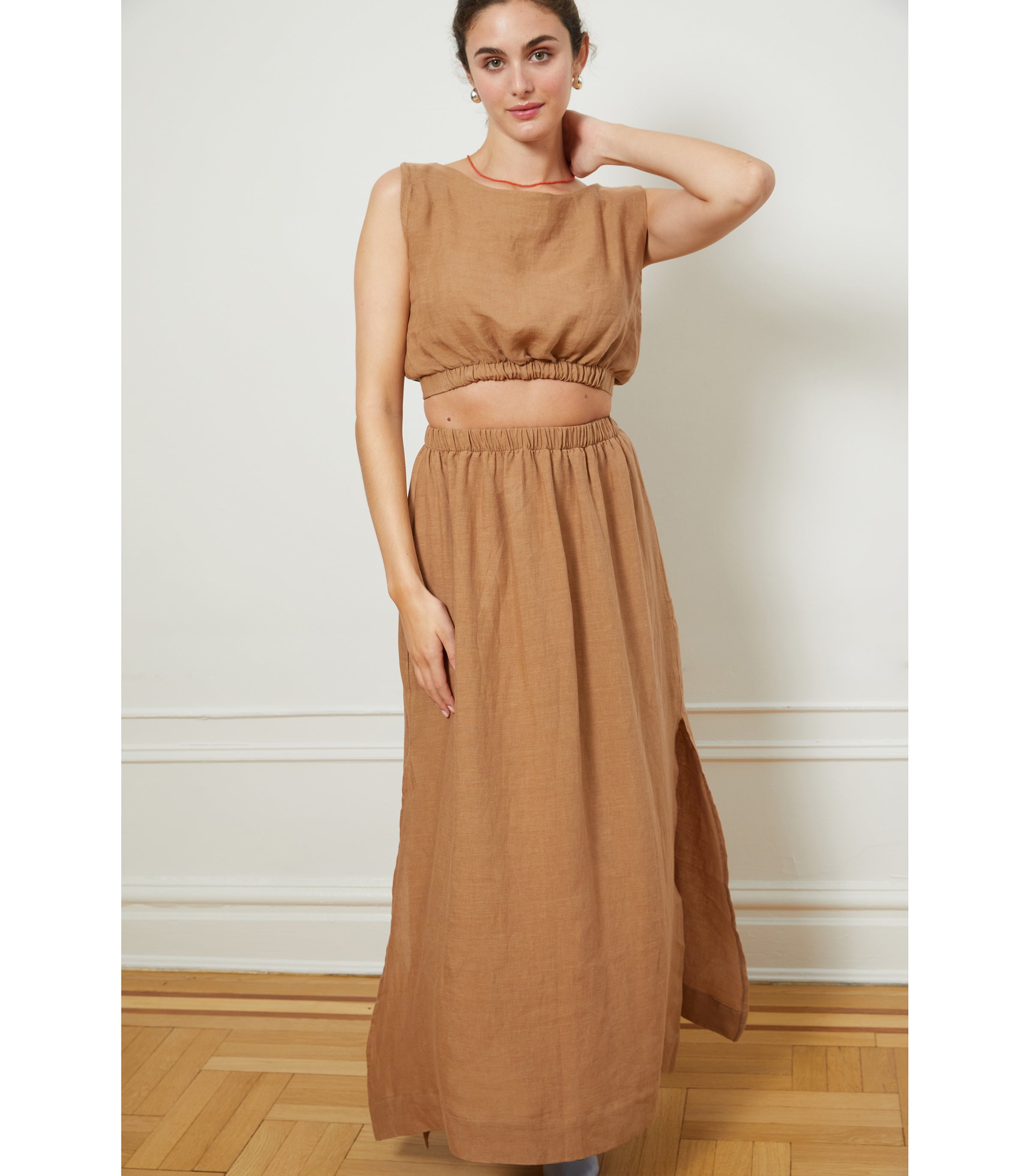 Carla Crop Top & Andy Draped Wide Linen Pants - Brown | LOUP x Biankalu