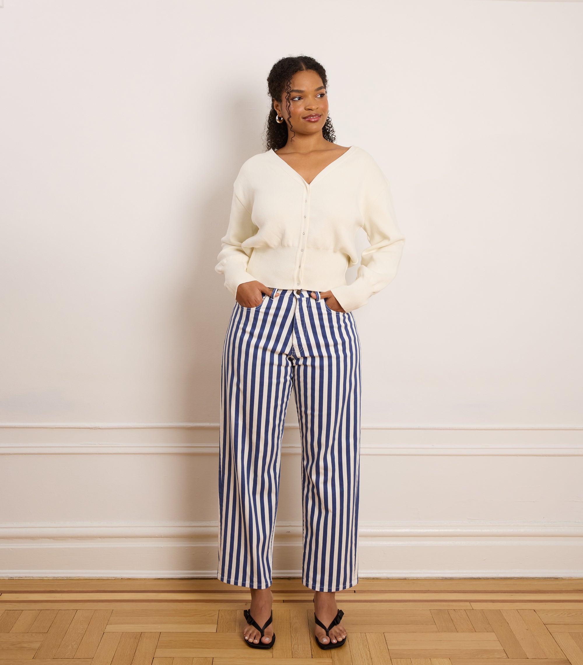 Amelia Barrel Leg Pants - Navy Stripe