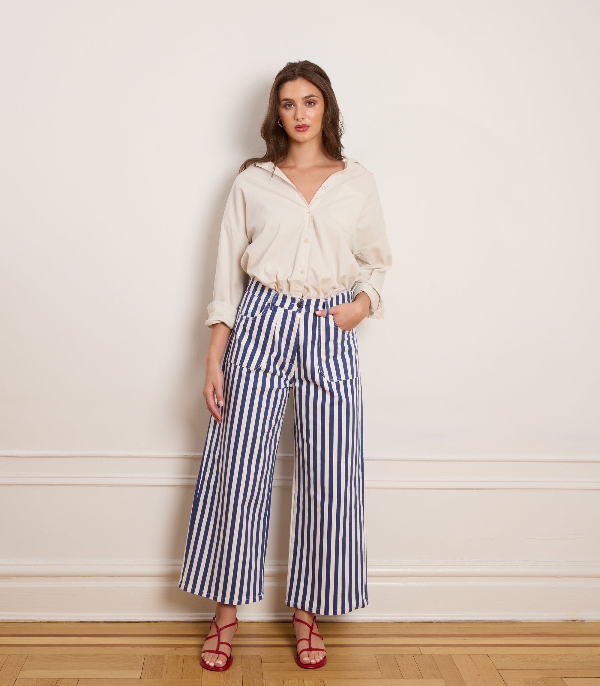 Simone Wide Crop Pants - Navy Stripe
