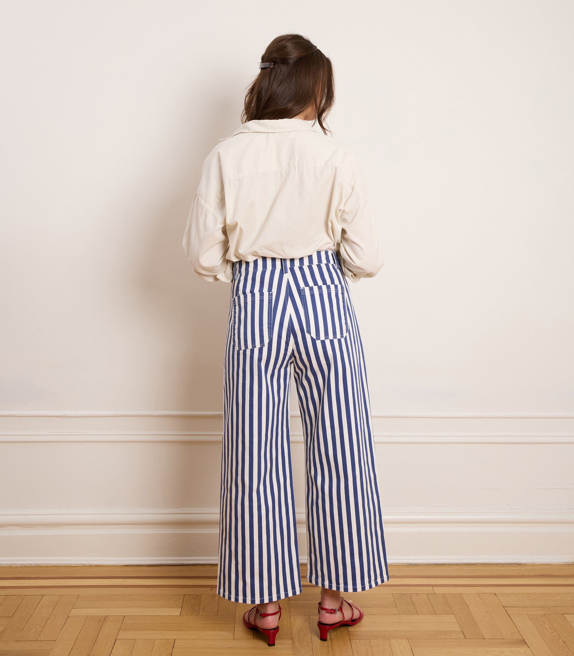 Simone Wide Crop Pants - Navy Stripe