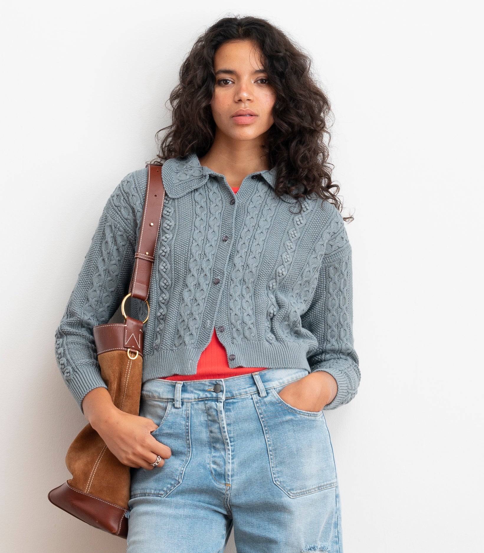 Michelle Cable-Knit Collar Cardigan - Gray