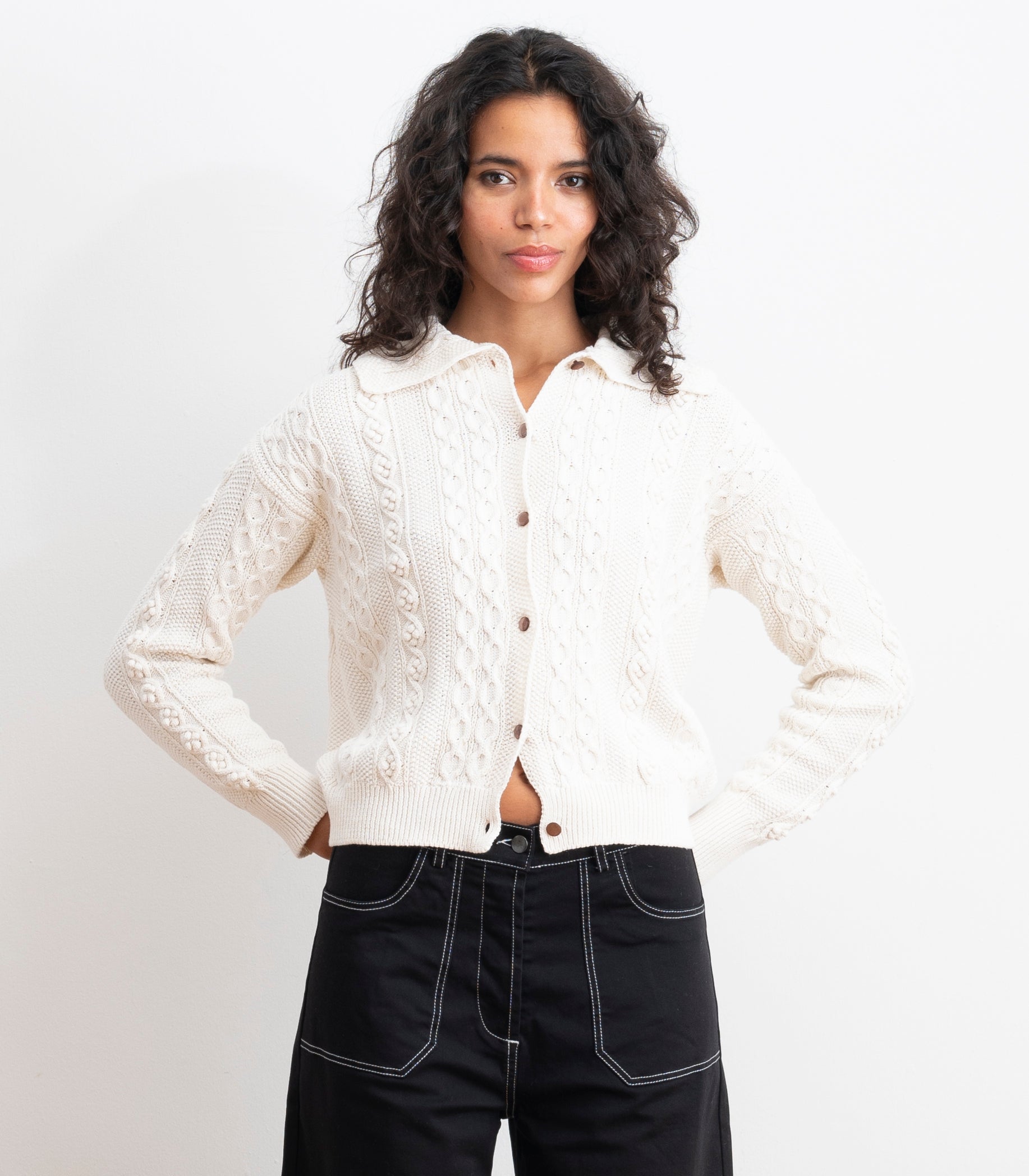 Michelle Cable-Knit Collar Cardigan - Ivory