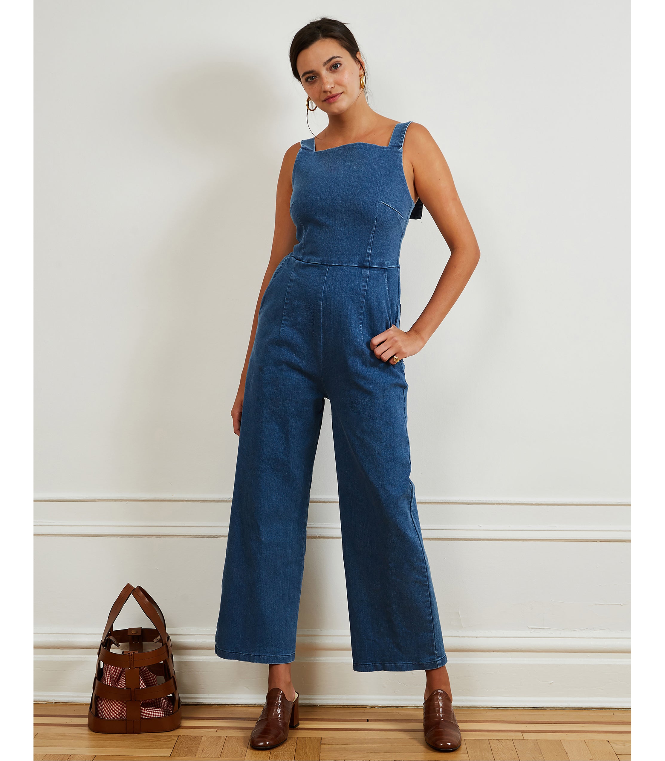Brenda Square Neck Wide Leg Jumpsuit - Washed Indigo