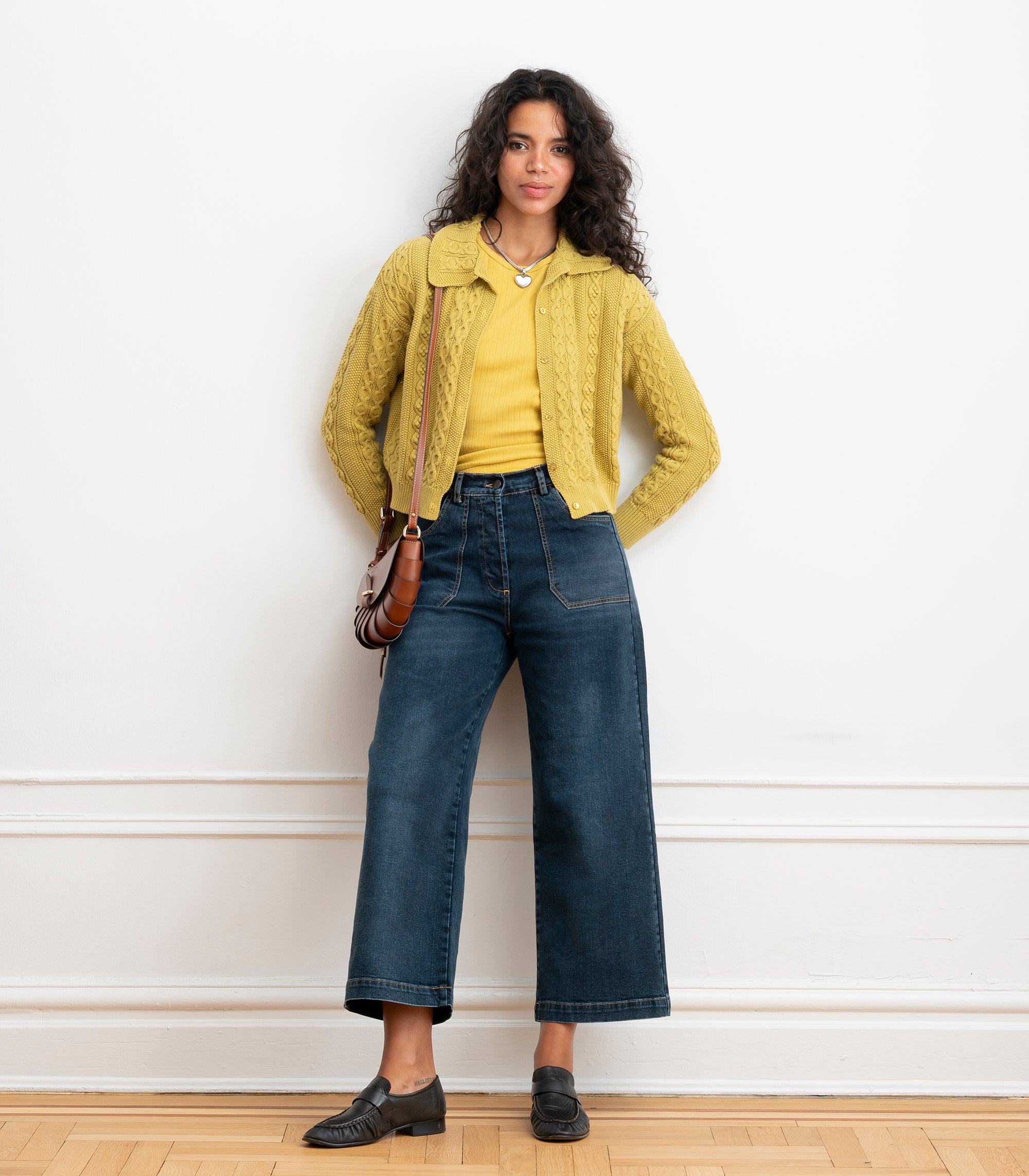 Michelle Cable-Knit Collar Cardigan - Pear