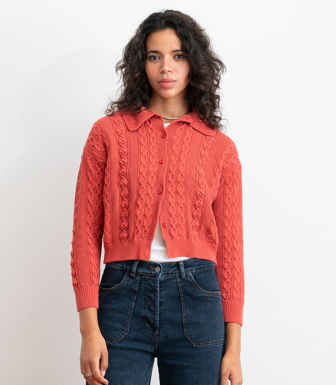 Michelle Cable-Knit Collar Cardigan - Strawberry SS26