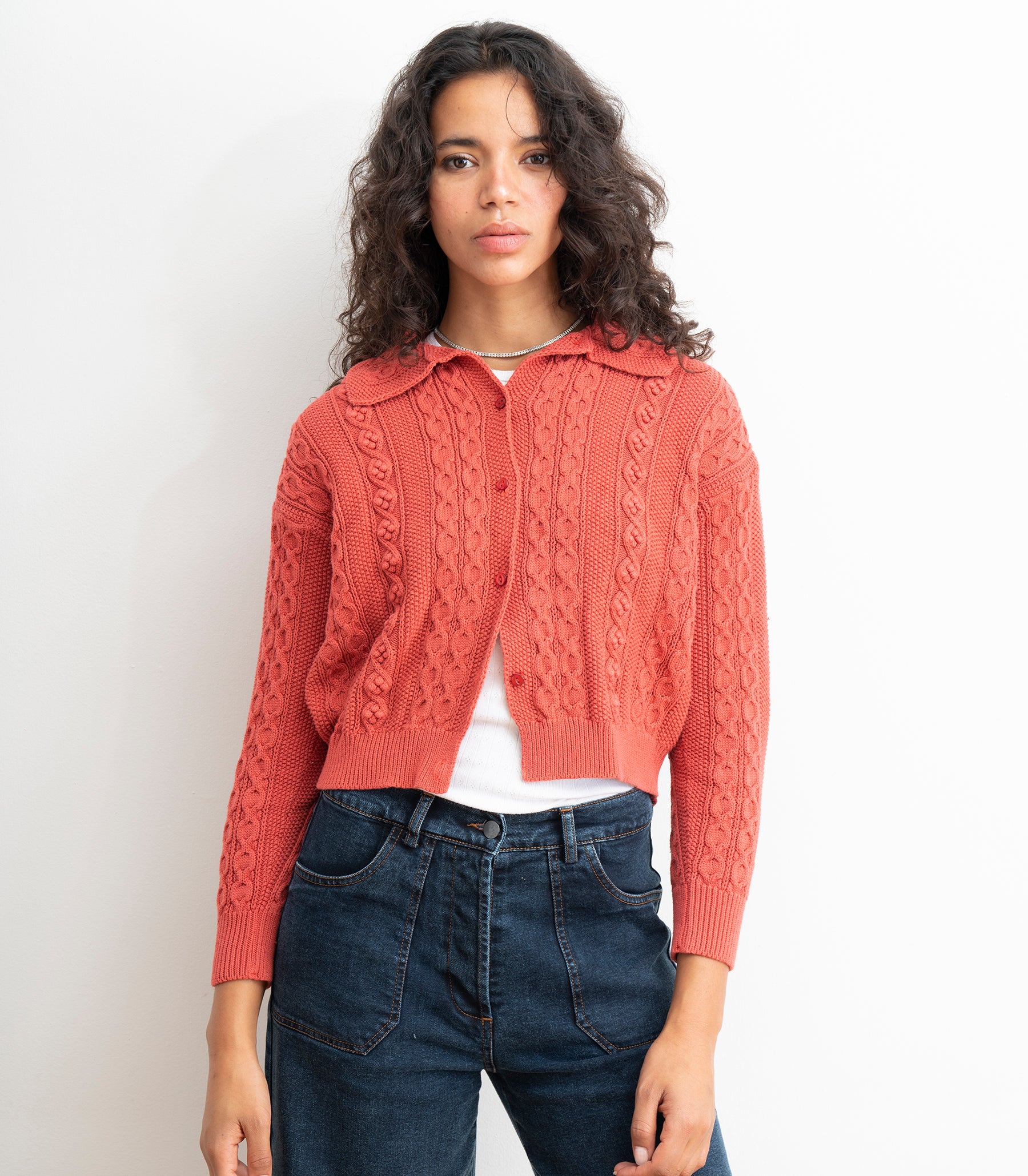 Michelle Cable-Knit Collar Cardigan - Strawberry SS26
