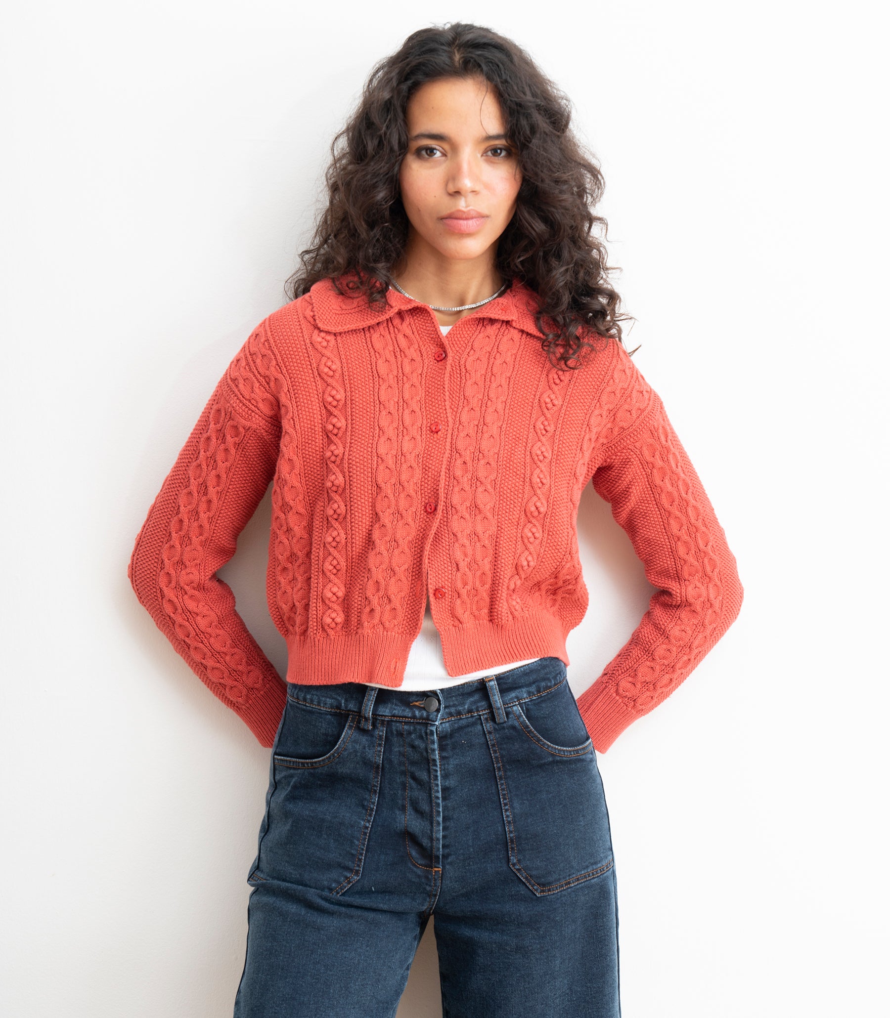 Michelle Cable-Knit Collar Cardigan - Strawberry SS26