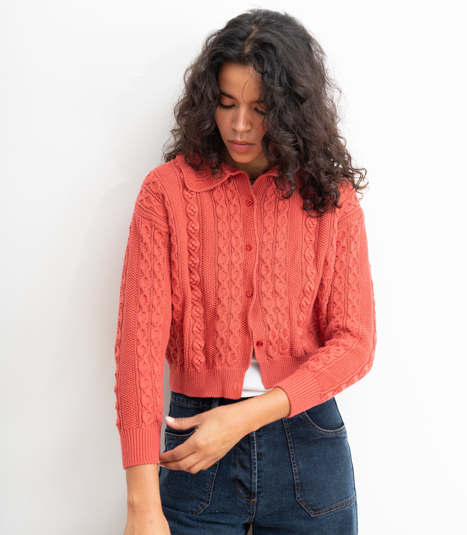 Michelle Cable-Knit Collar Cardigan - Strawberry SS26