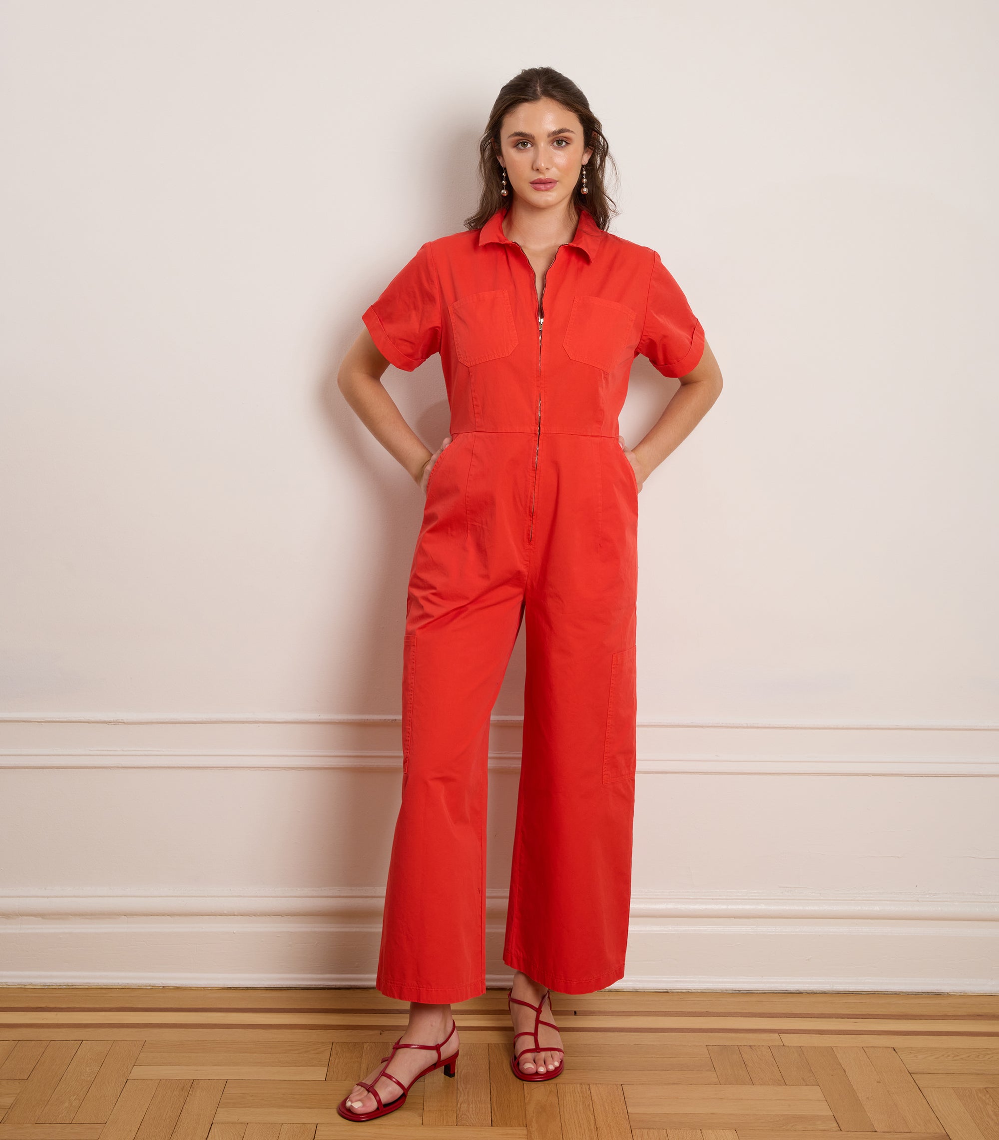 Bella Short Sleeve Cargo Jumpsuit - Tomato