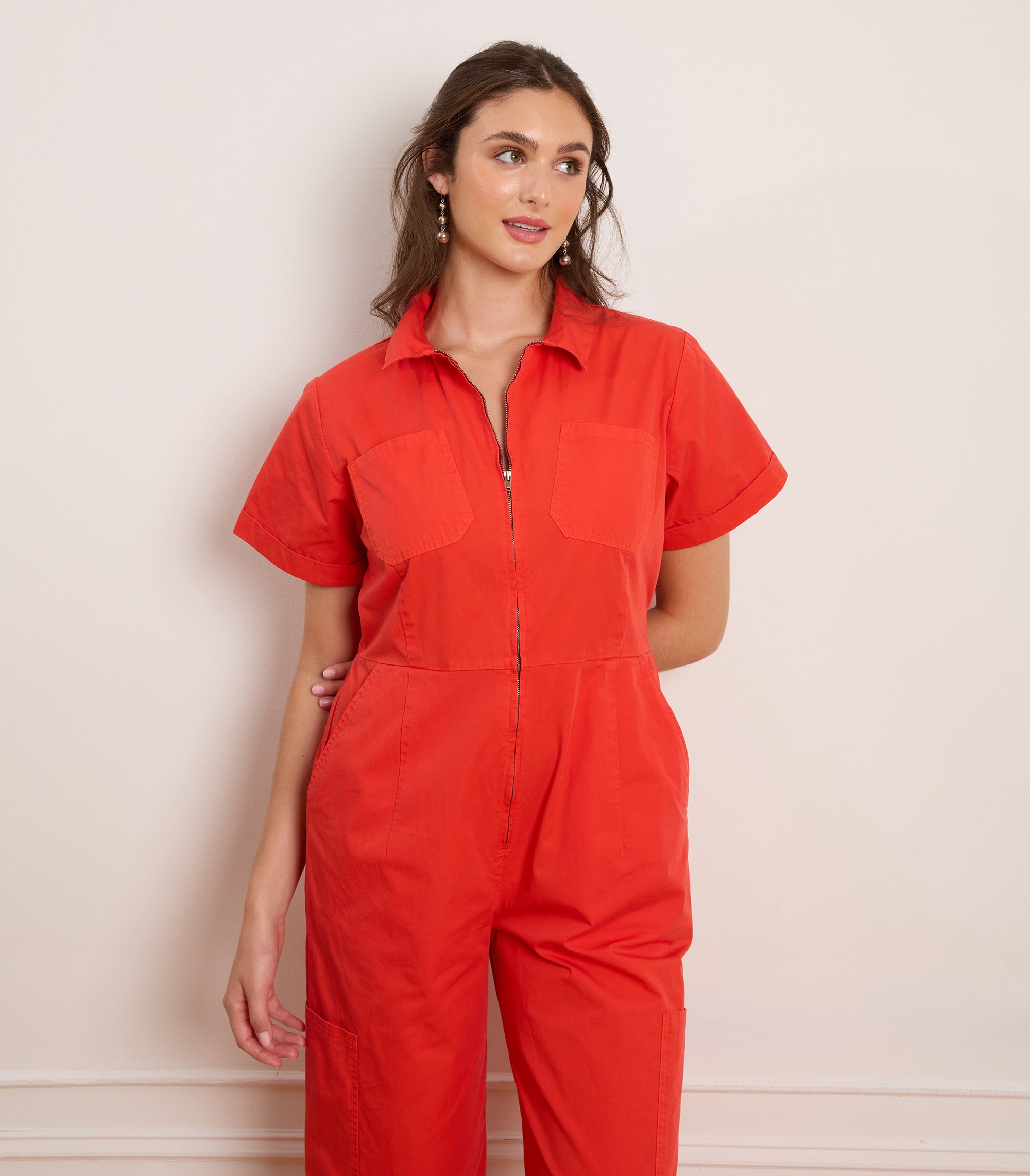 Bella Short Sleeve Cargo Jumpsuit - Tomato