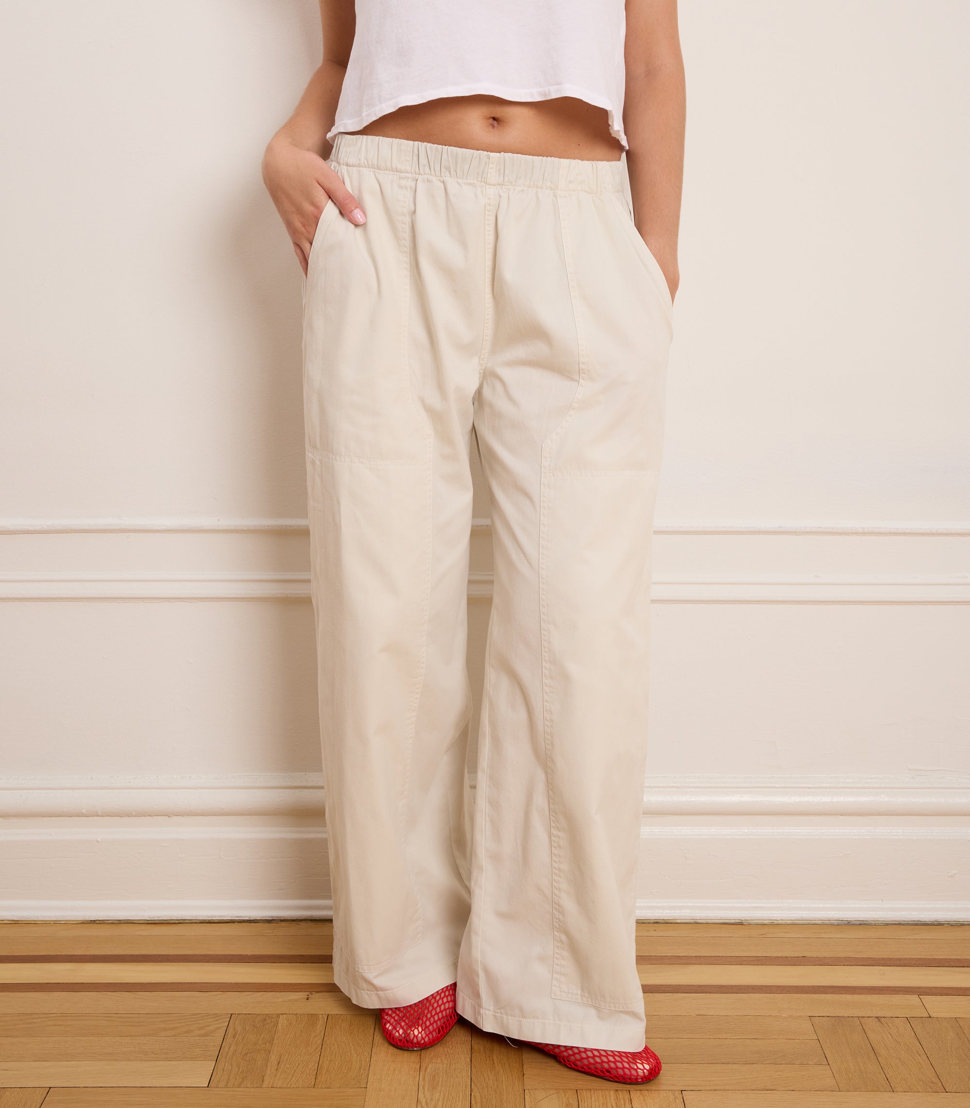 Rachel Elastic Waist Carpenter Pants - Cream