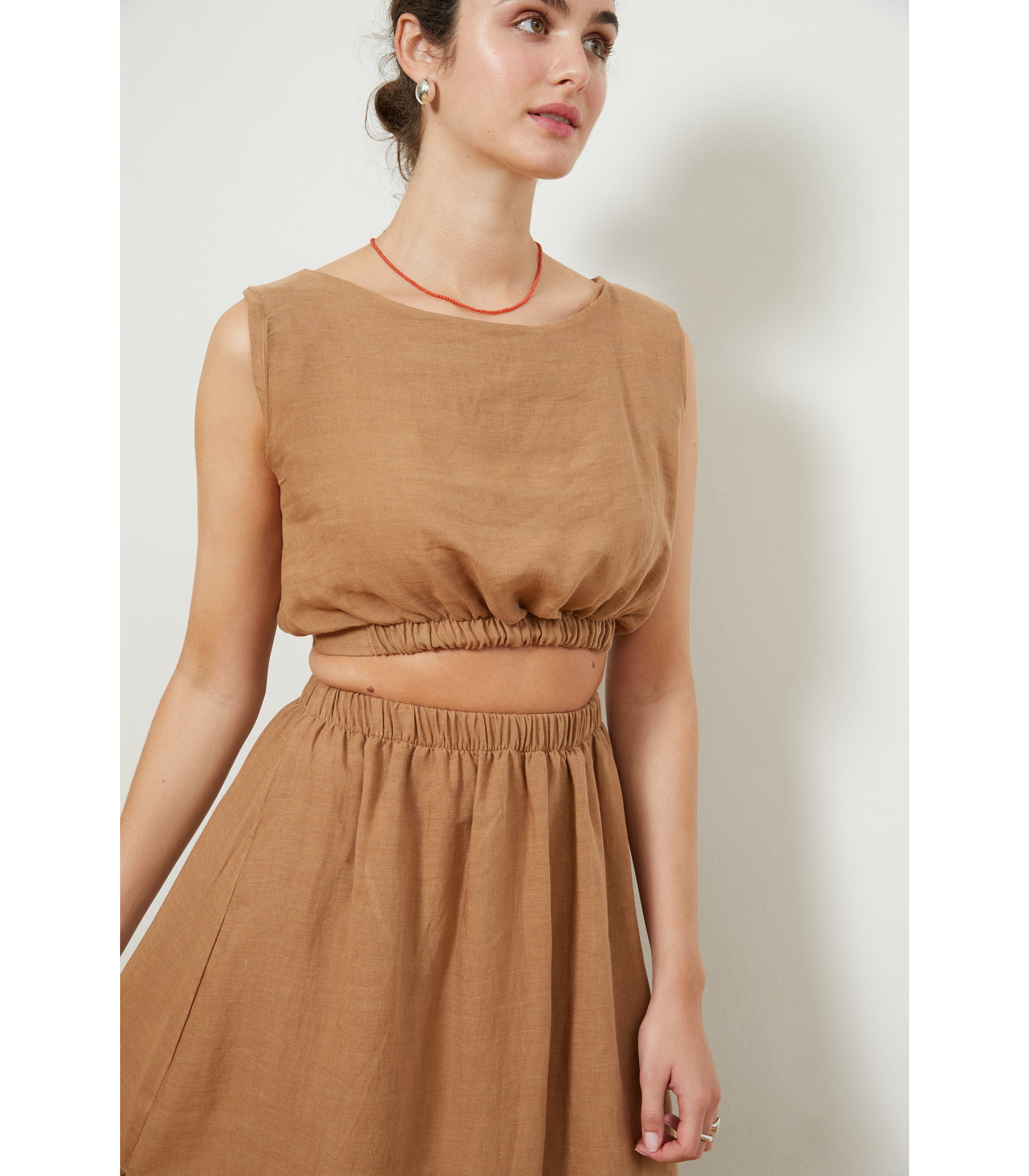 Carla Crop Top & Andy Draped Wide Linen Pants - Brown | LOUP x Biankalu