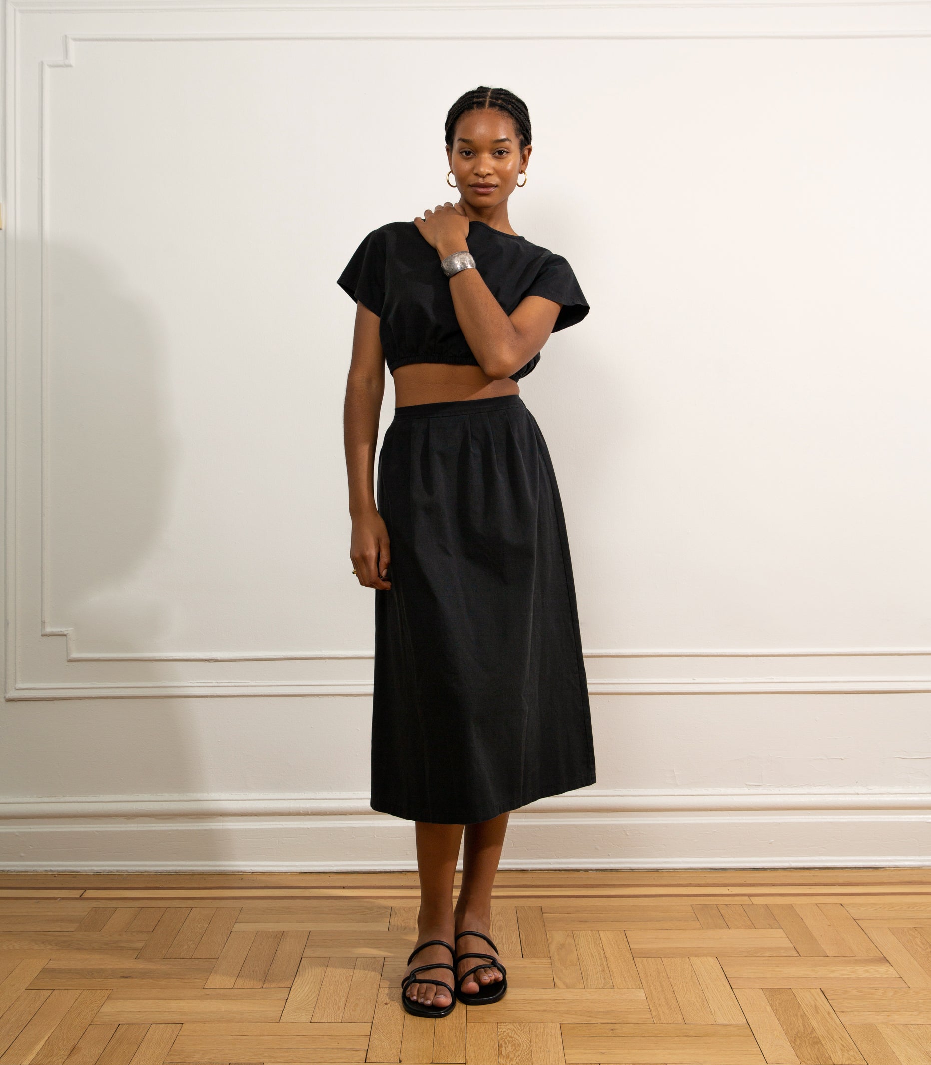 Cornielia Pleat Front Midi Skirt - Black