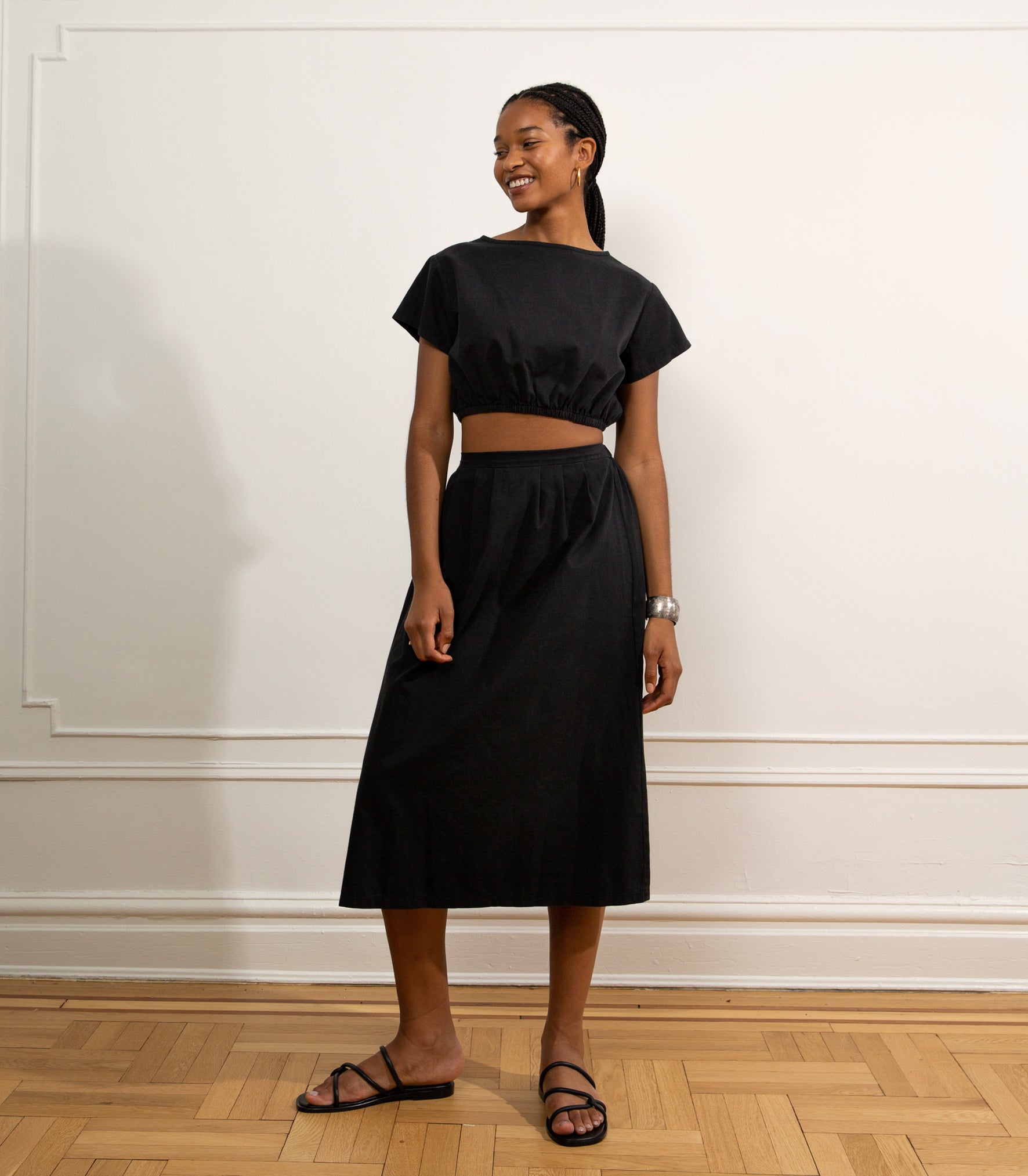 Cornielia Pleat Front Midi Skirt - Black