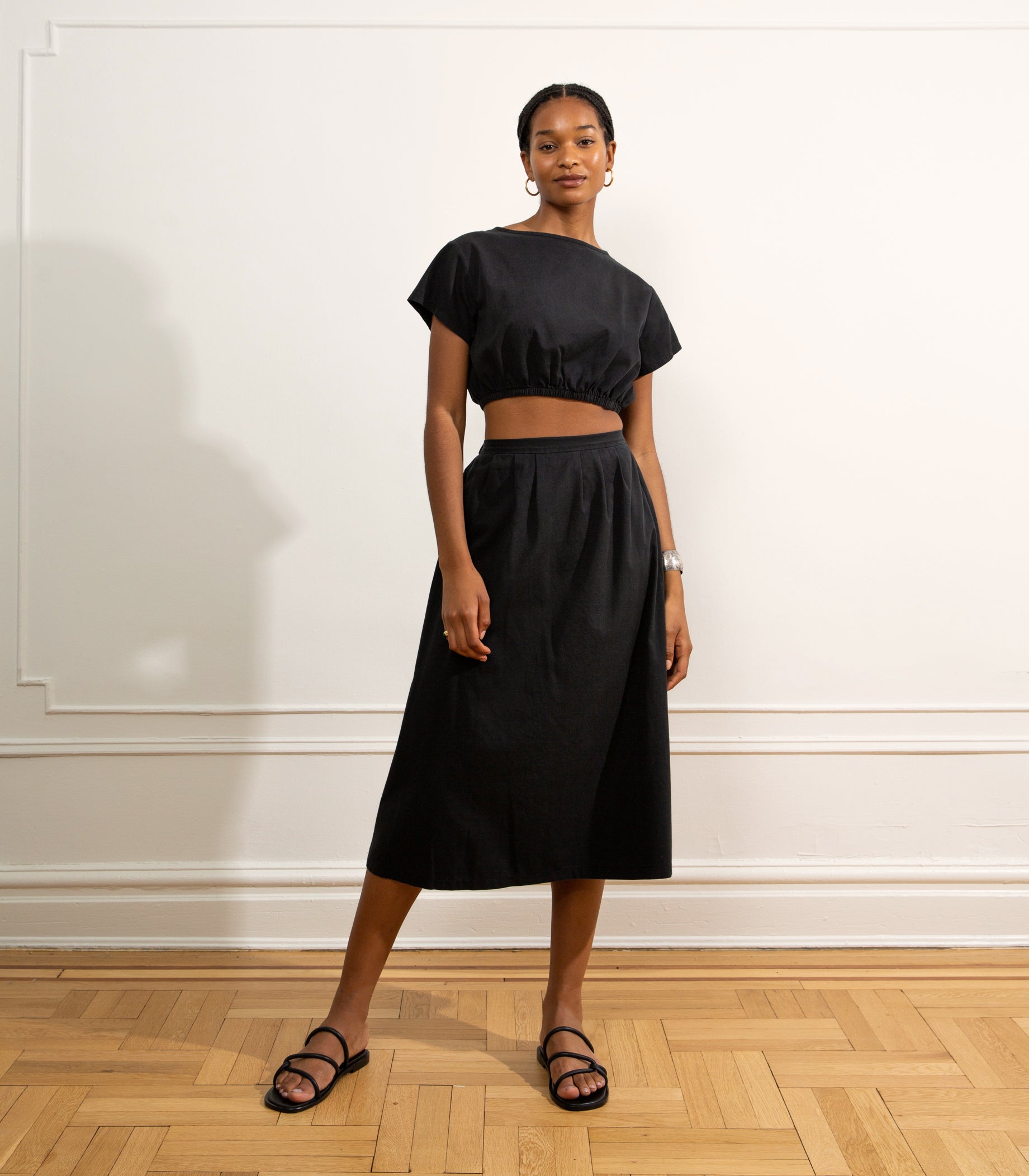 Cornielia Pleat Front Midi Skirt - Black