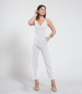 Slate Coveralls in White Stretch Cotton Twill with Tie Straps | Loup