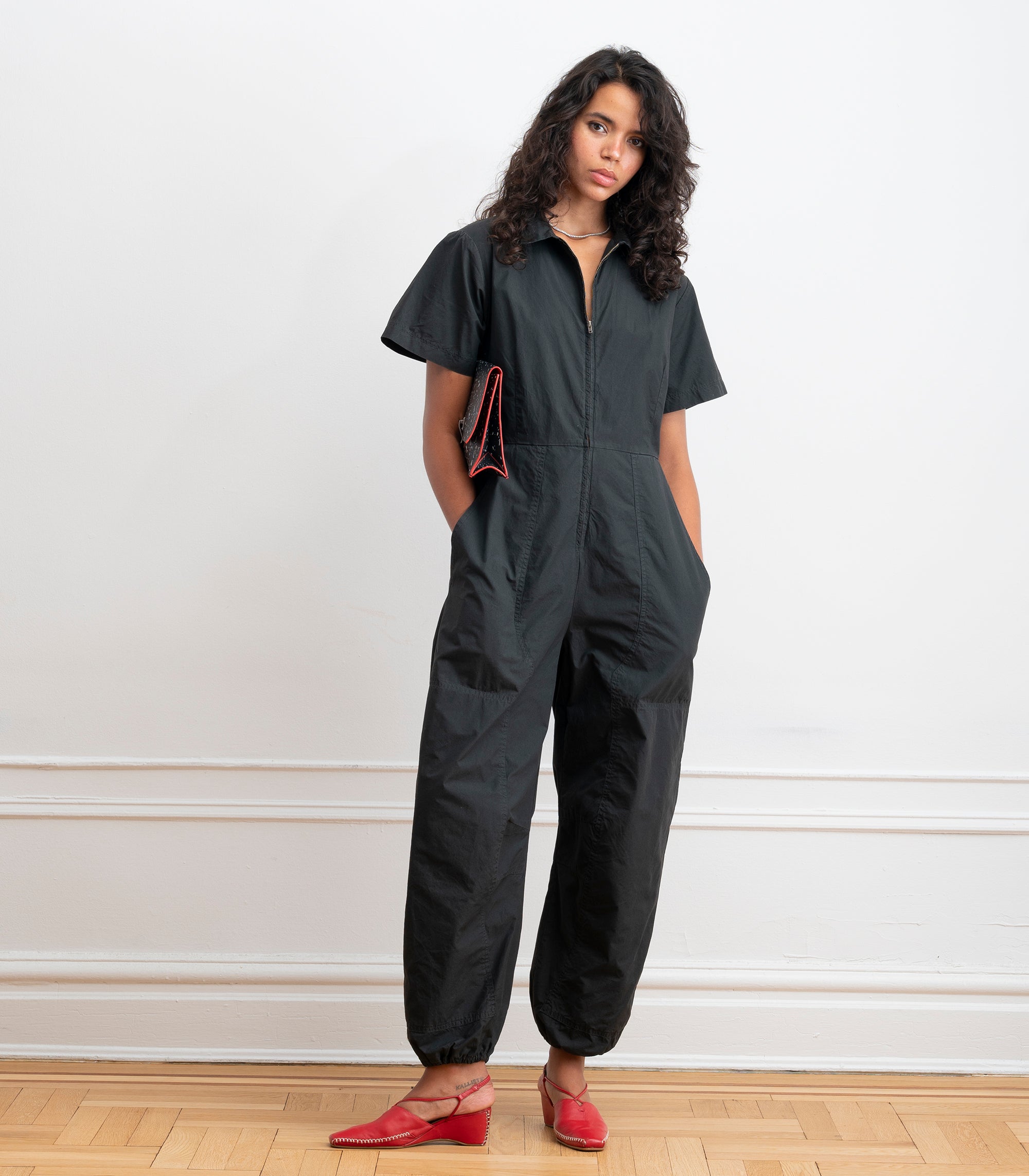 Clara Short Sleeve Parachute Leg Jumpsuit - Black