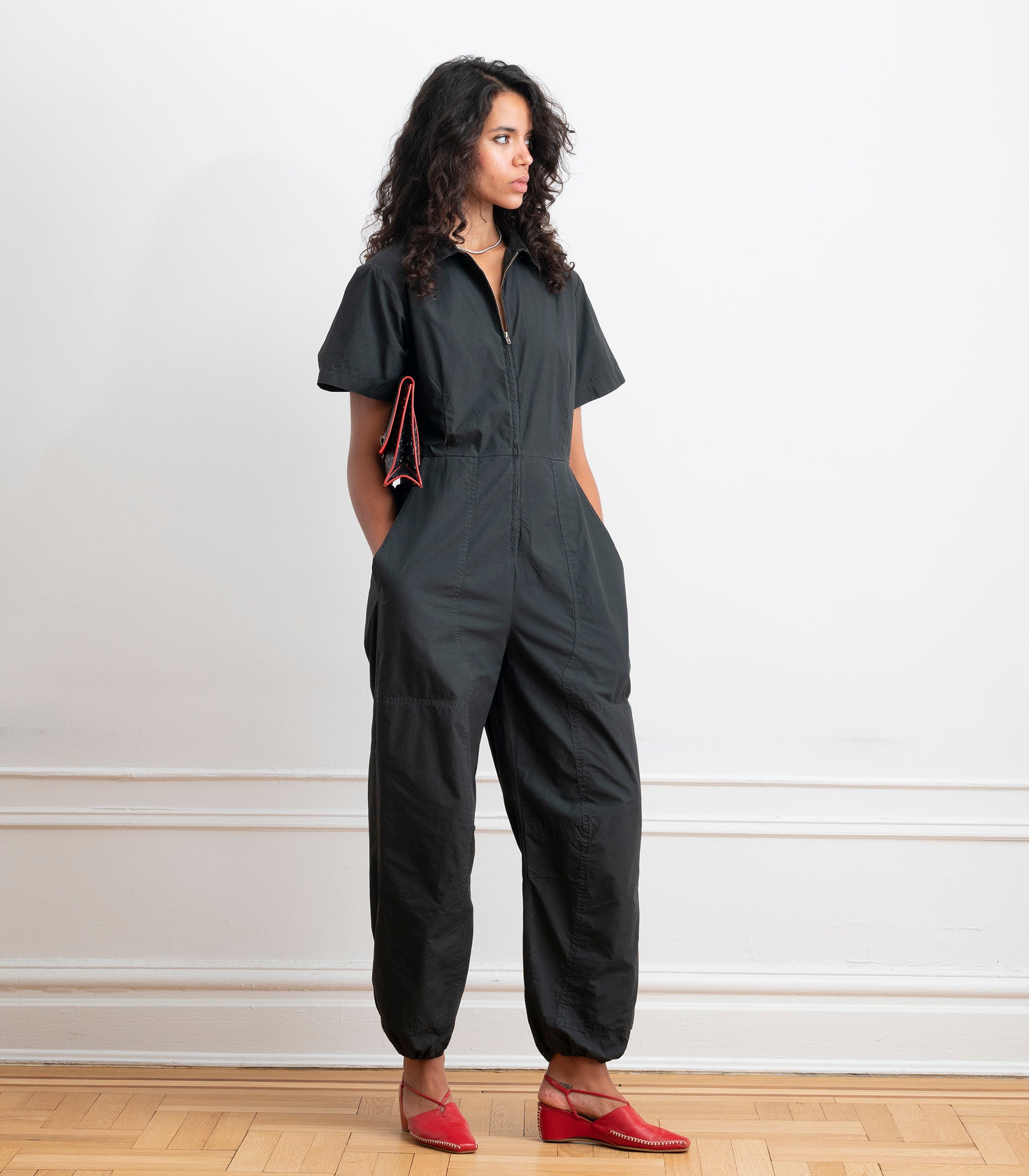 Clara Short Sleeve Parachute Leg Jumpsuit - Black