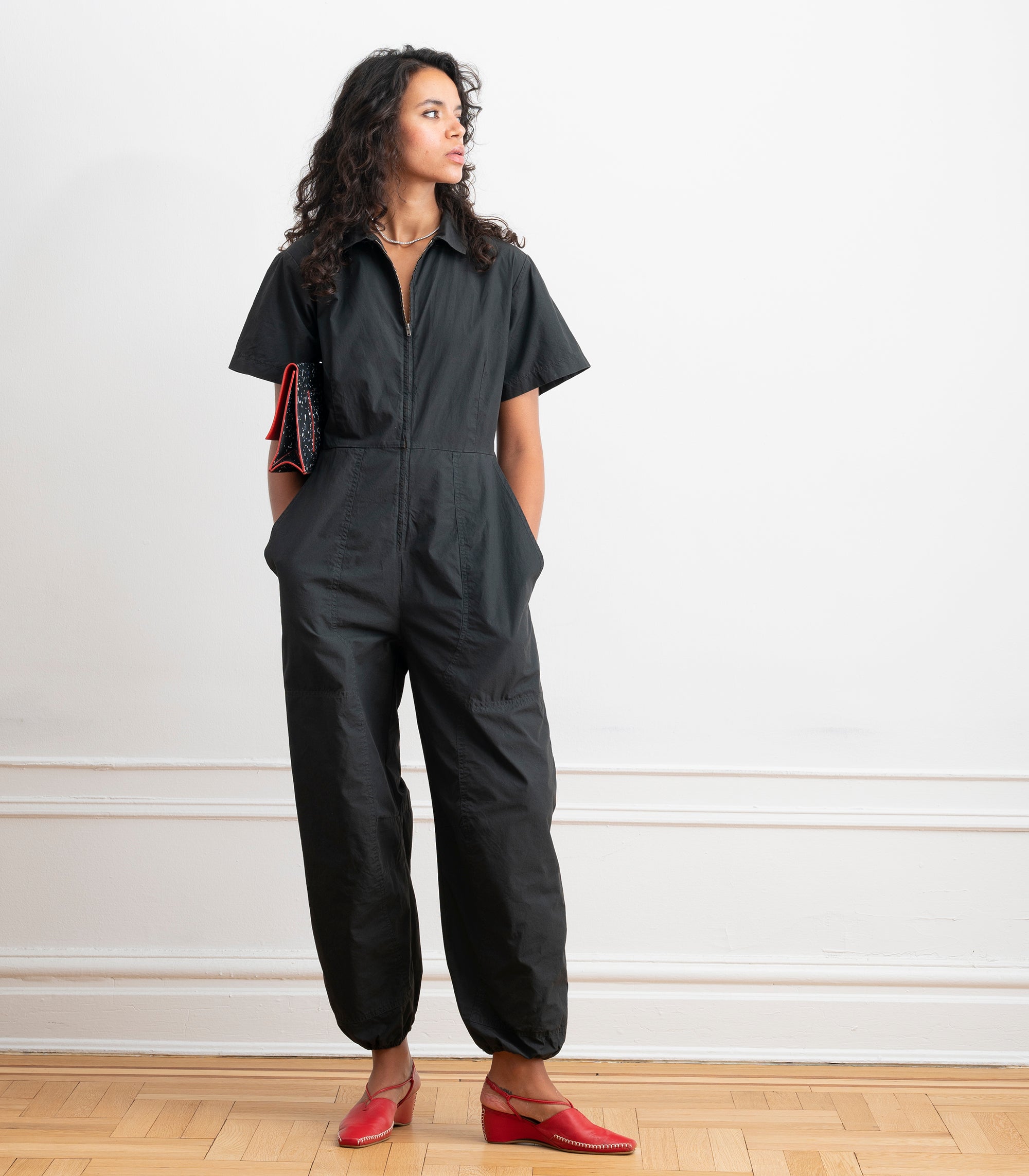Clara Short Sleeve Parachute Leg Jumpsuit - Black