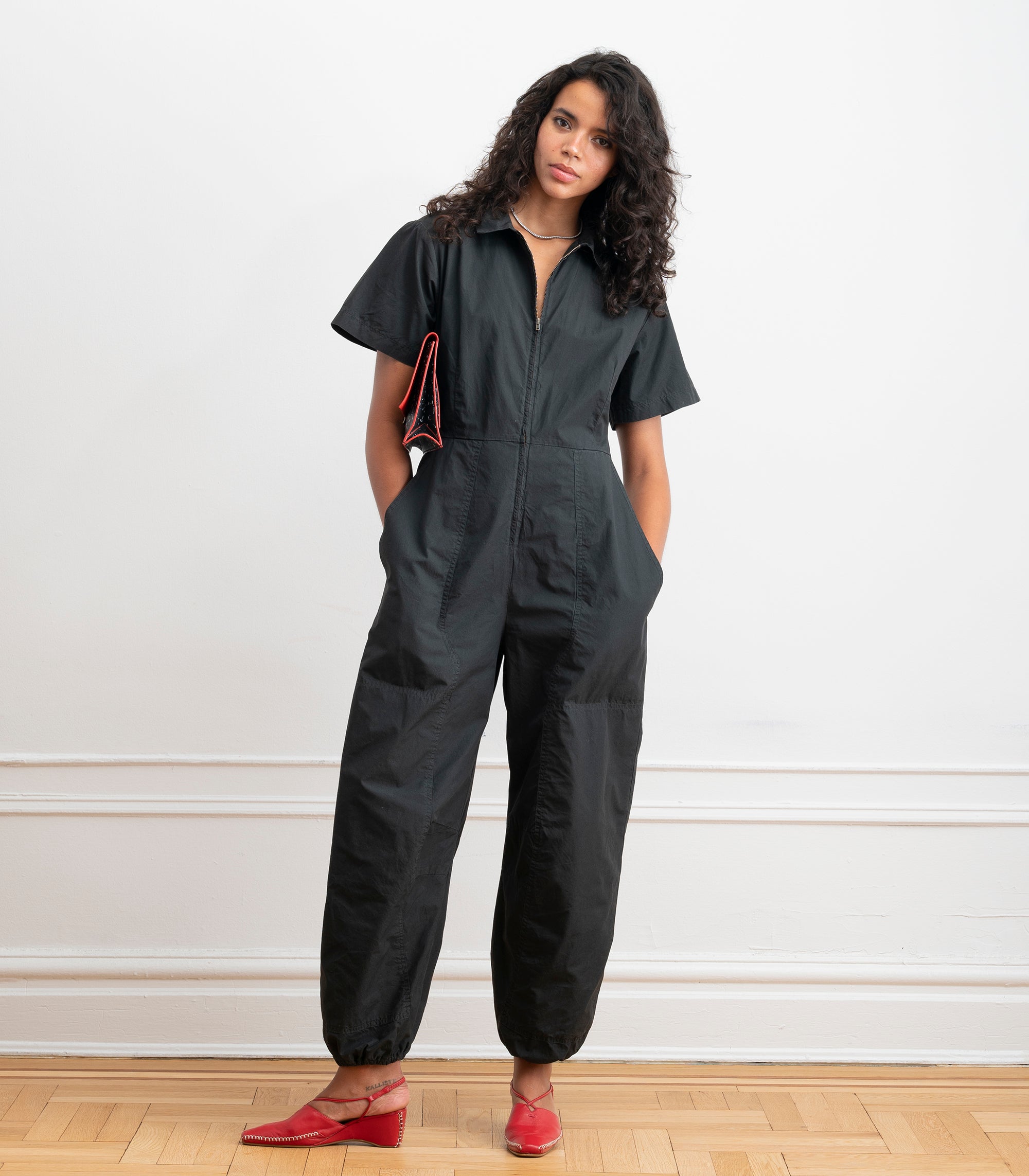 Clara Short Sleeve Parachute Leg Jumpsuit - Black