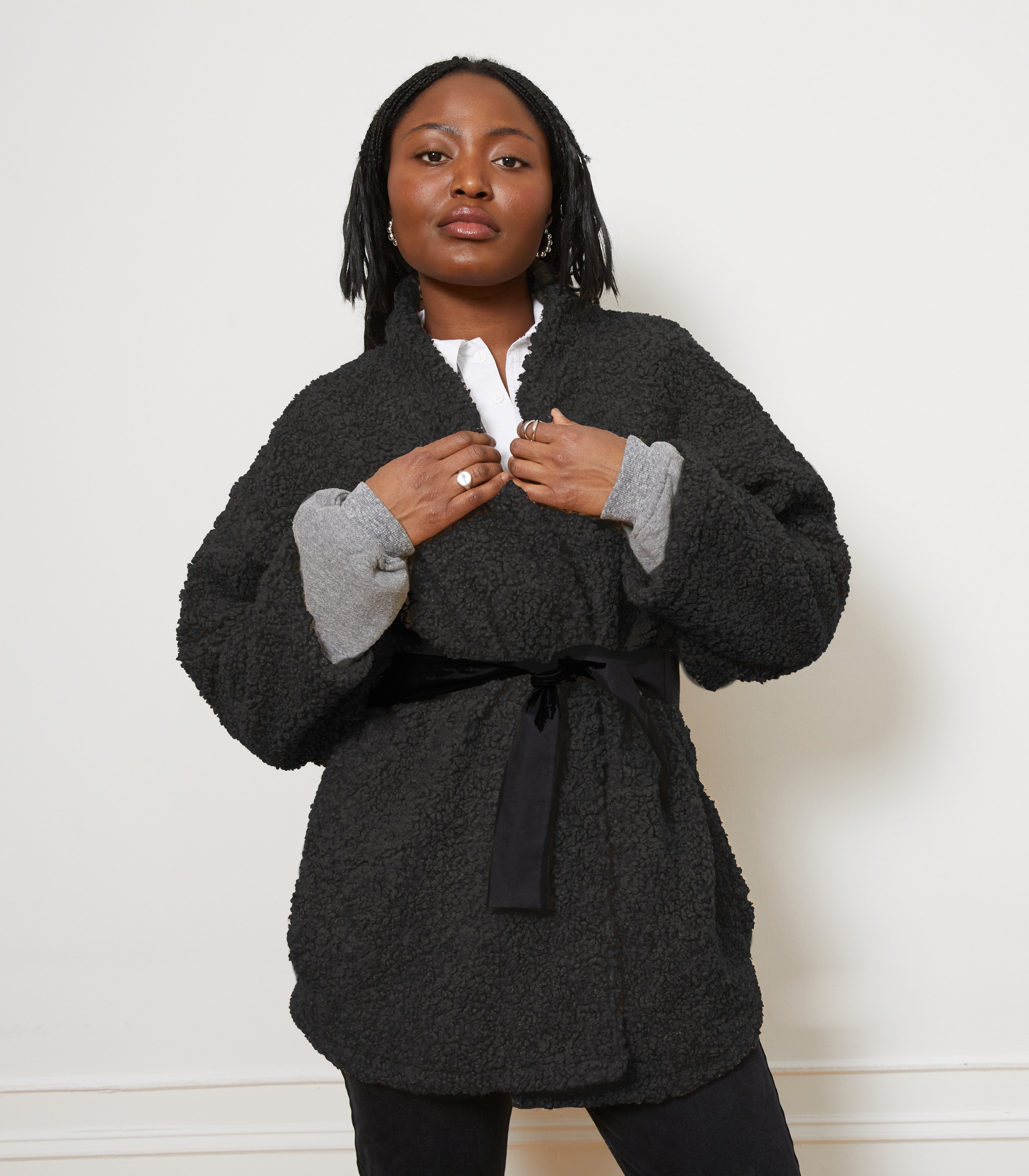 Valentina Sherpa Wrap Coat - Black