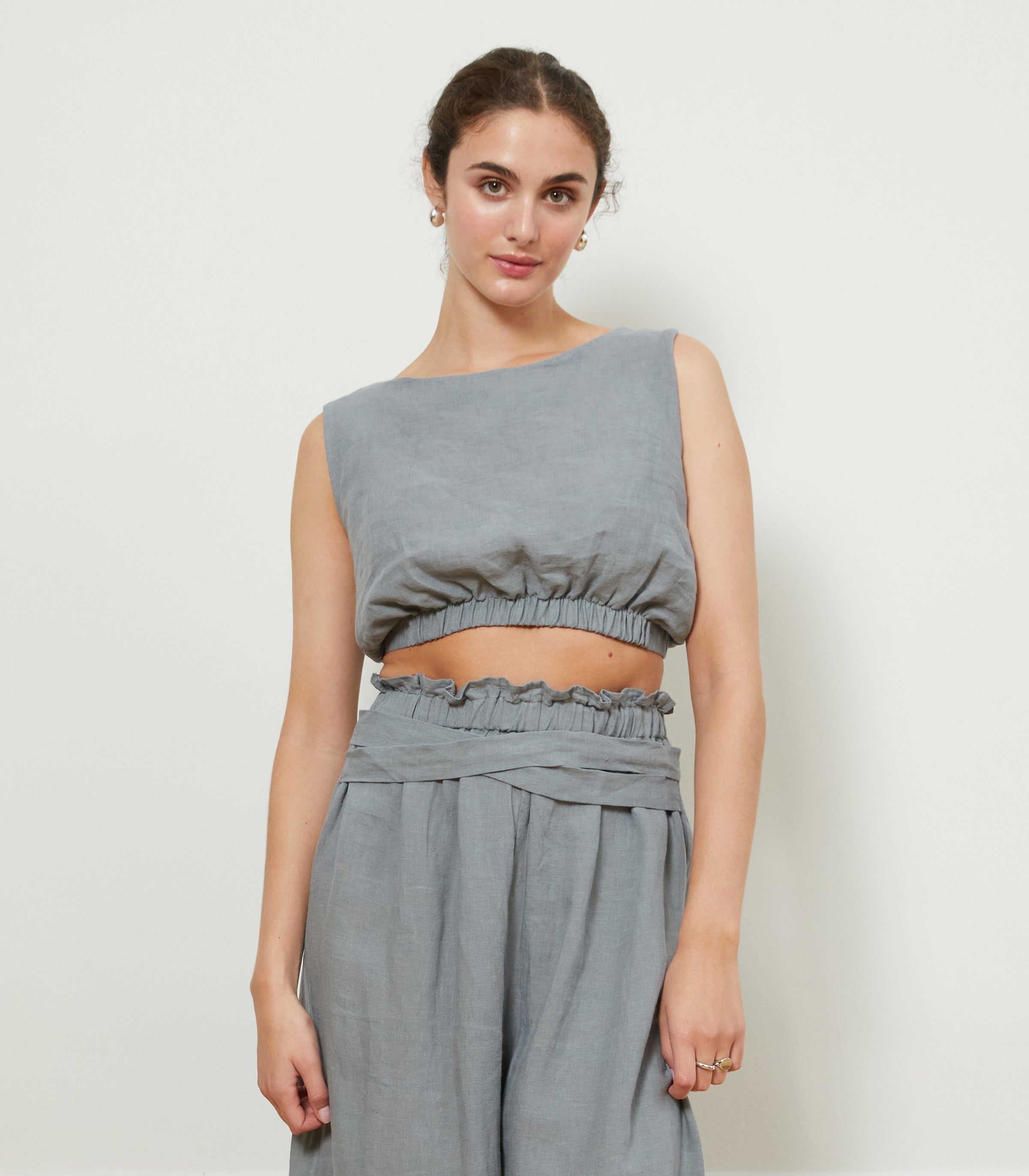 Carla Crop Top & Andy Draped Wide Linen Pants - Blue | LOUP x Biankalu