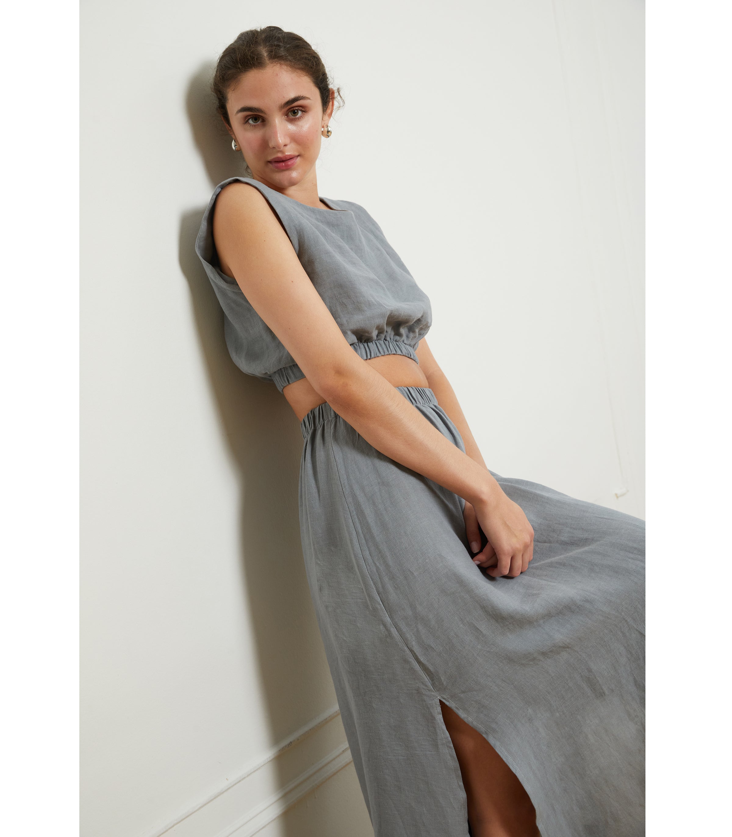 Carla Crop Top & Andy Draped Wide Linen Pants - Blue | LOUP x Biankalu