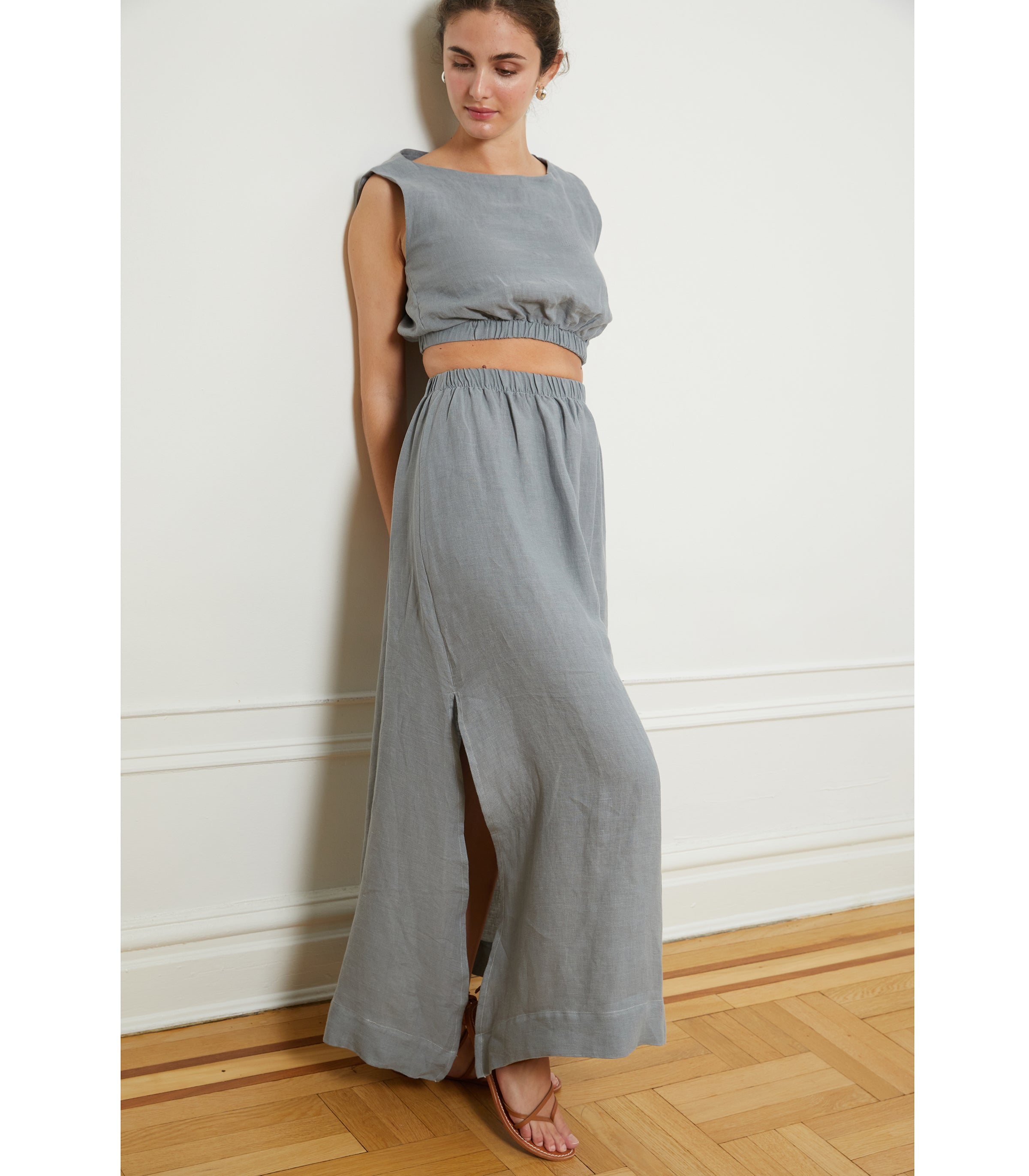 Carla Crop Top & Andy Draped Wide Linen Pants - Blue | LOUP x Biankalu