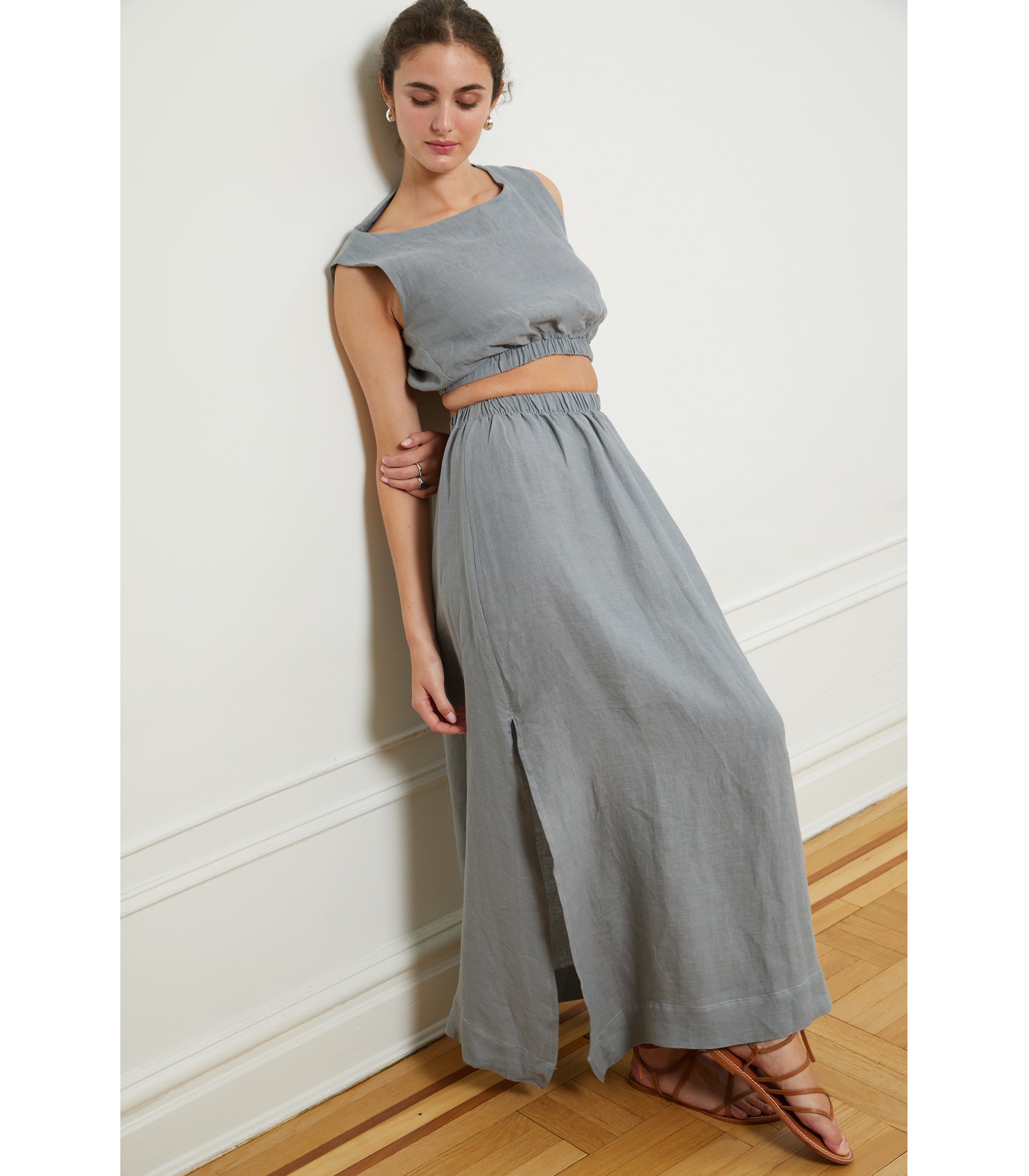 Carla Crop Top & Andy Draped Wide Linen Pants - Blue | LOUP x Biankalu