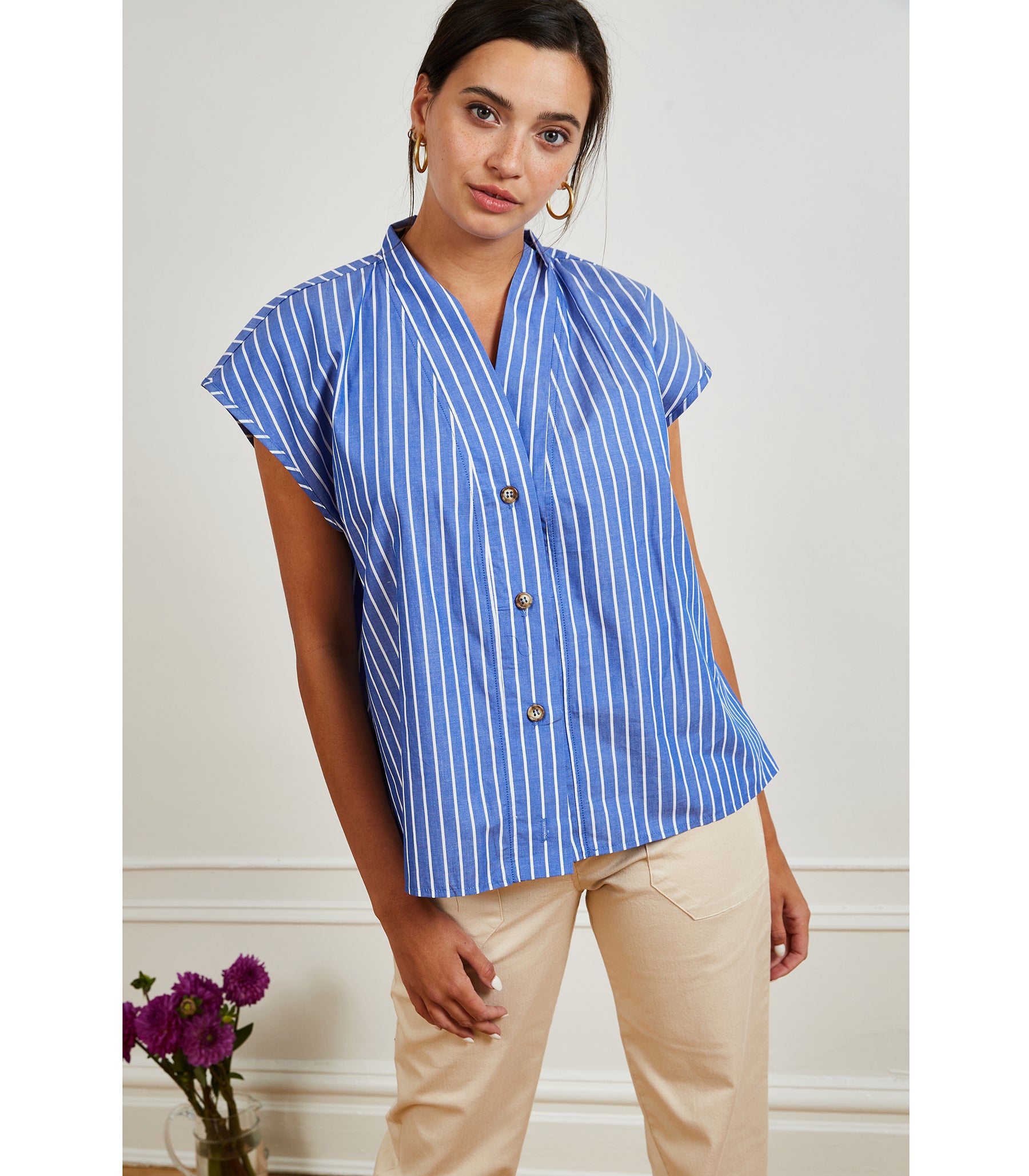 Sienna Shawl Collar Top - Blue Stripe