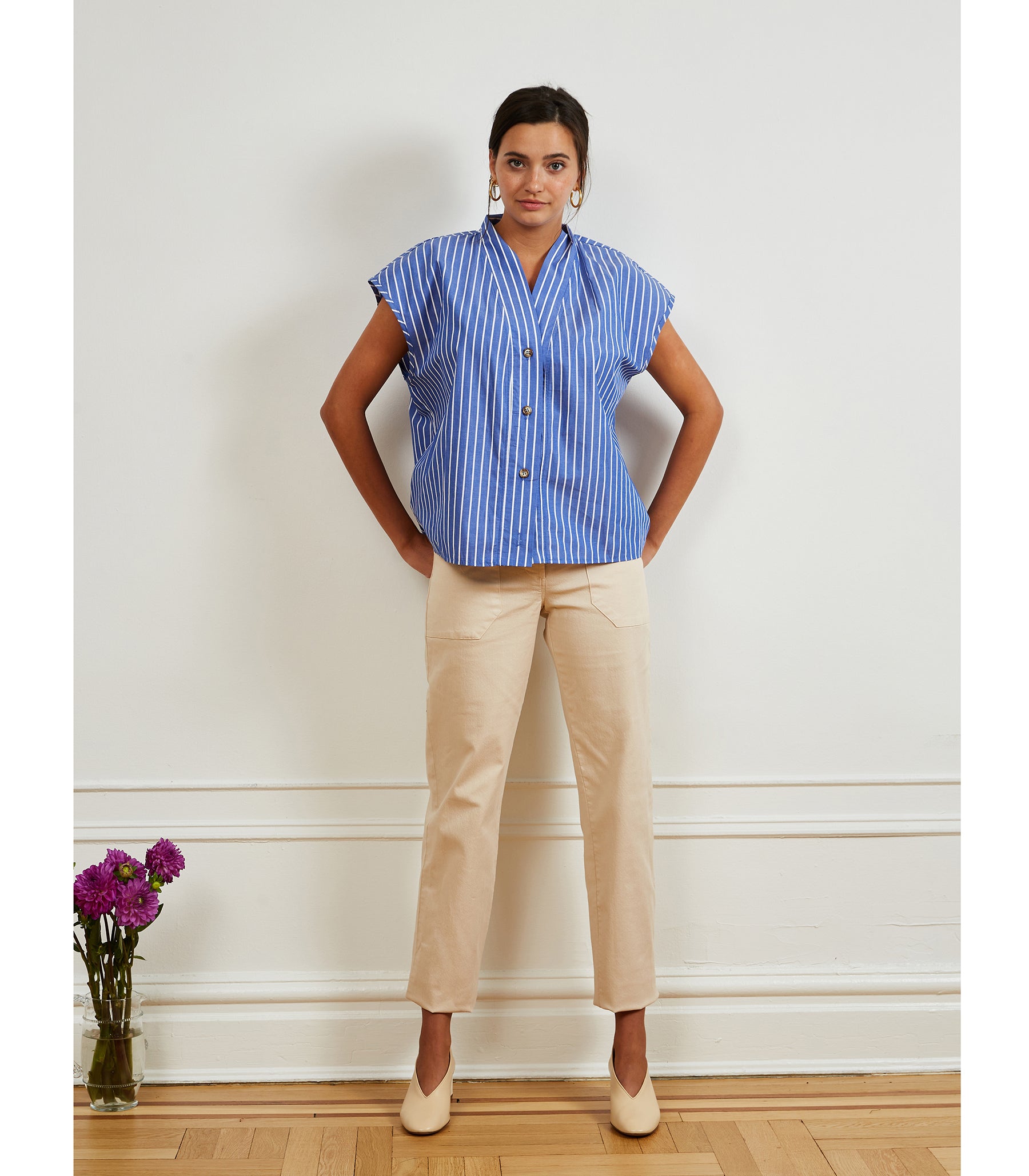 Sienna Shawl Collar Top - Blue Stripe