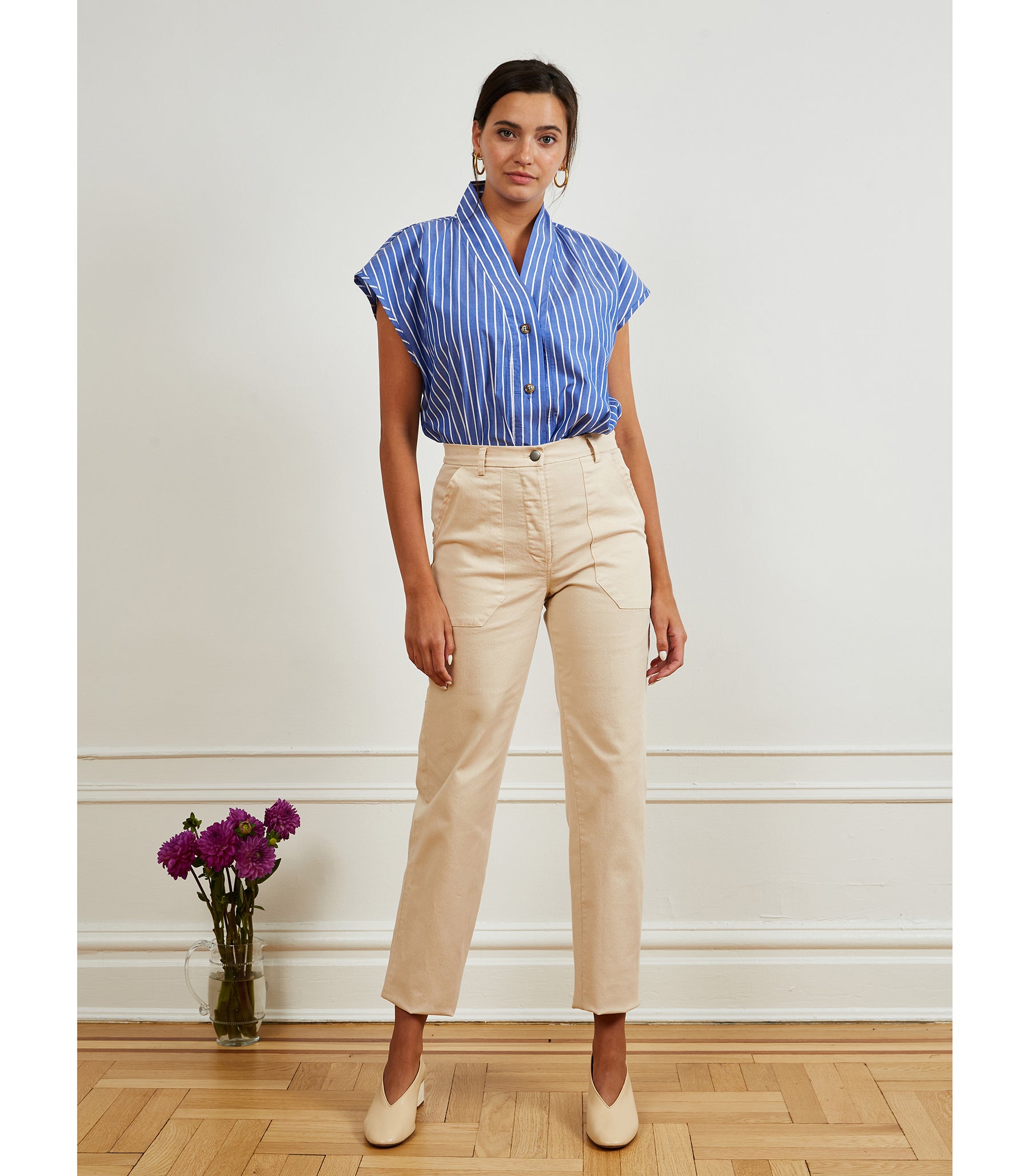 Sienna Shawl Collar Top - Blue Stripe