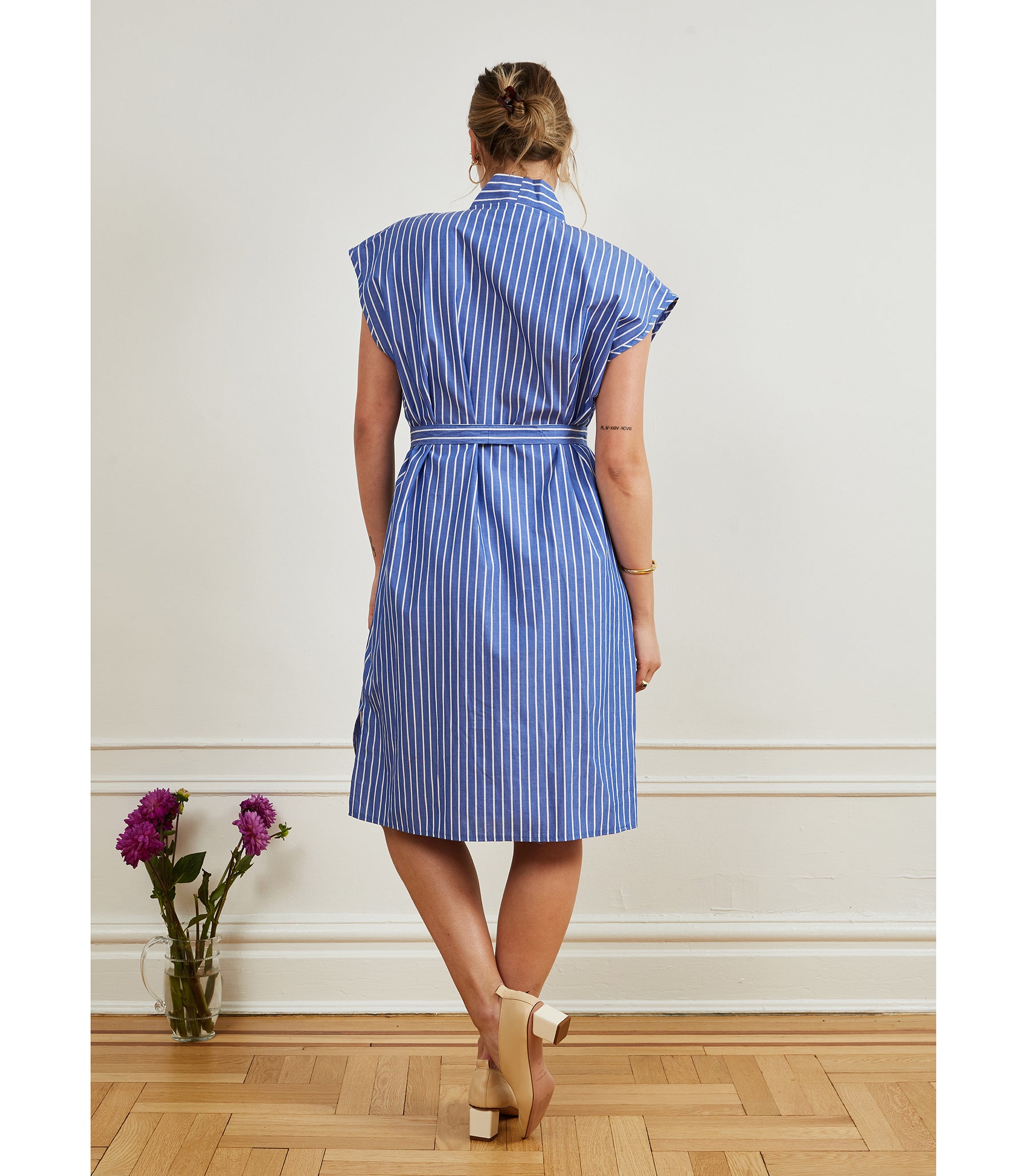 Tina Short Sleeved Shirt Dress - Blue Stripe