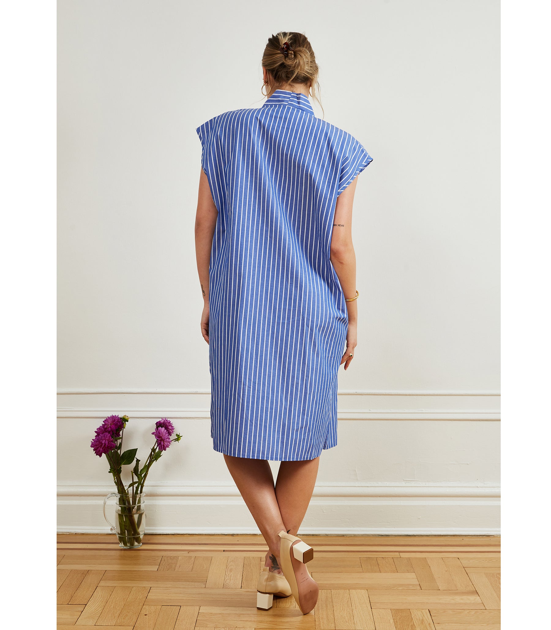 Tina Short Sleeved Shirt Dress - Blue Stripe