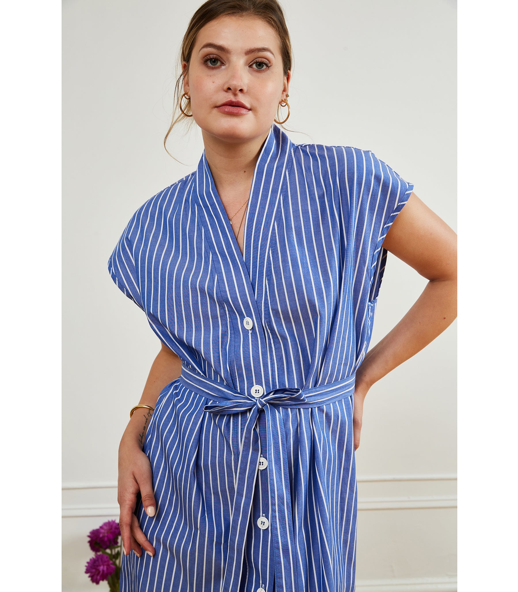 Tina Short Sleeved Shirt Dress - Blue Stripe