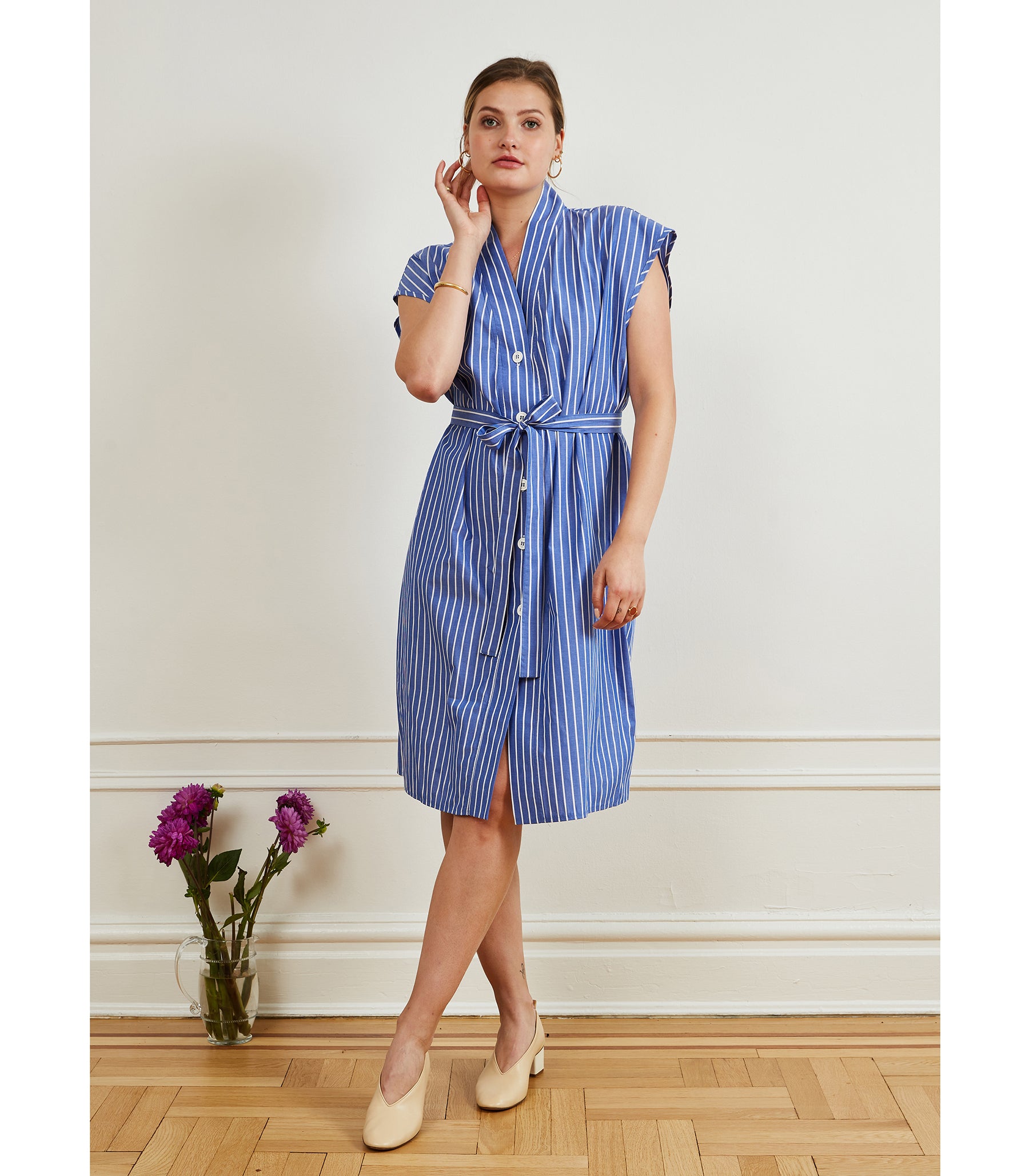 Tina Short Sleeved Shirt Dress - Blue Stripe