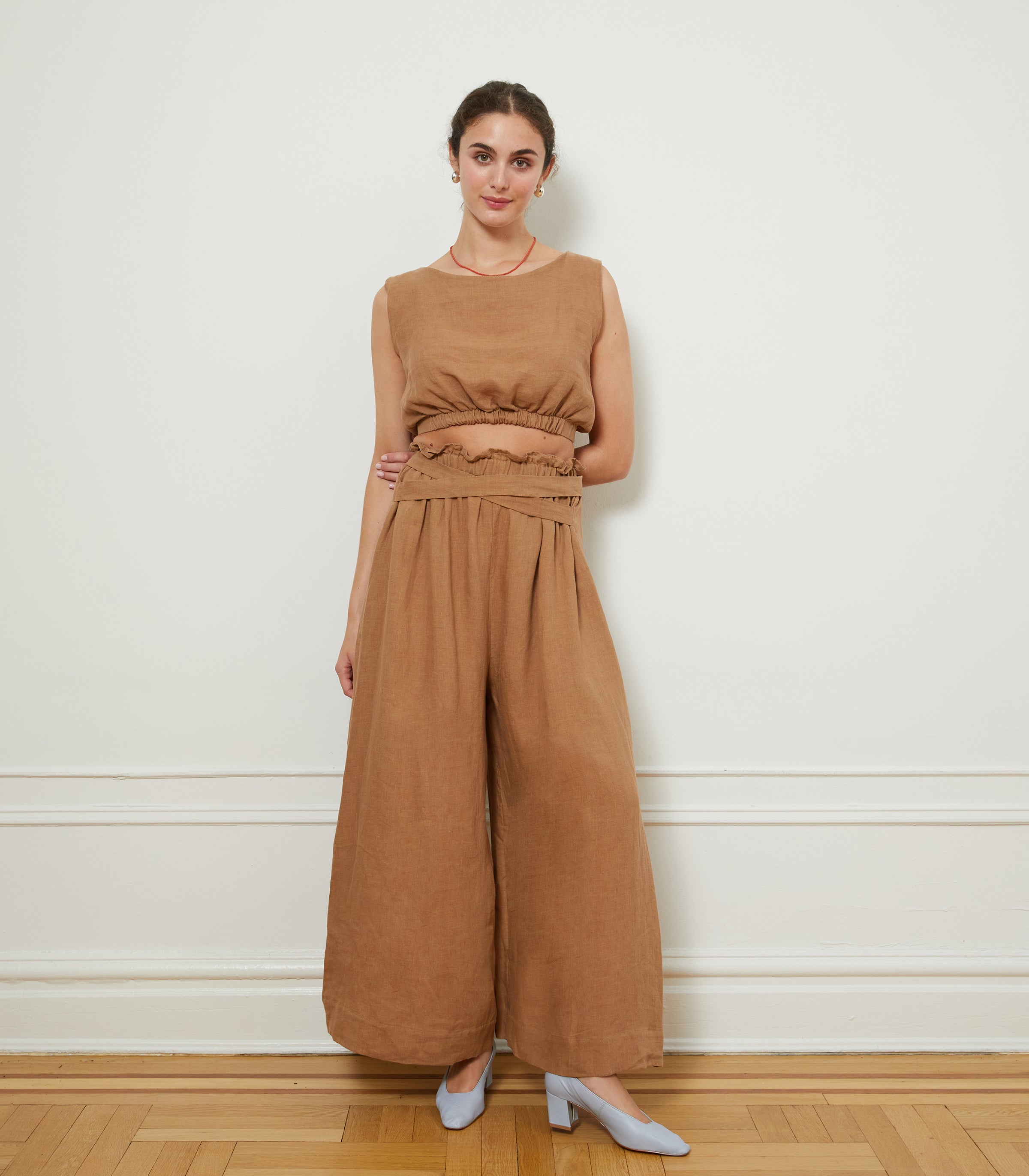 Andy Draped Wide Linen Pants - Brown -Wide Leg Pants | LOUP x Biankalu