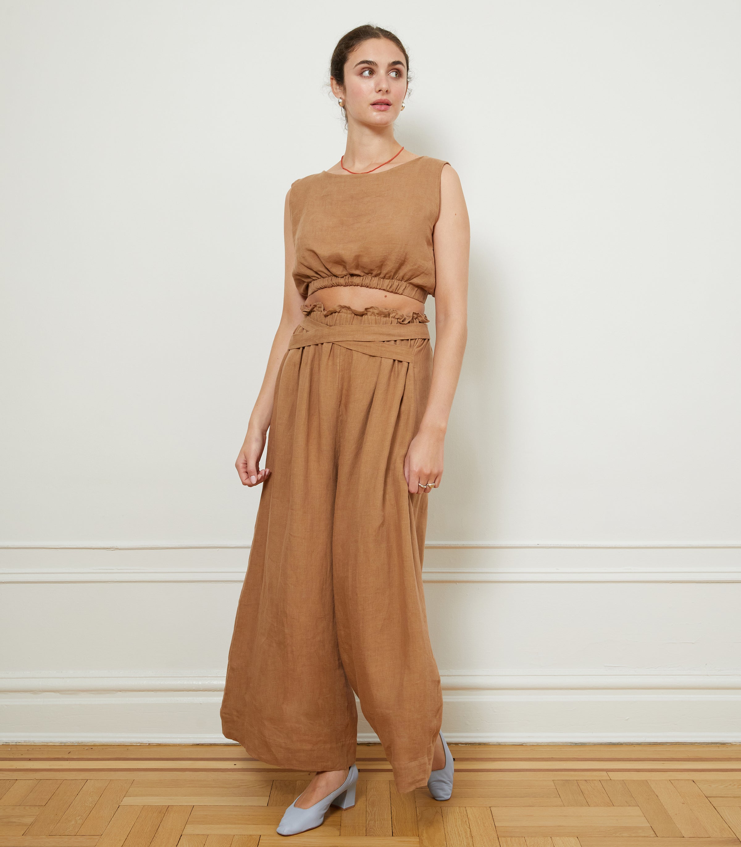 Andy Draped Wide Linen Pants - Brown -Wide Leg Pants | LOUP x Biankalu