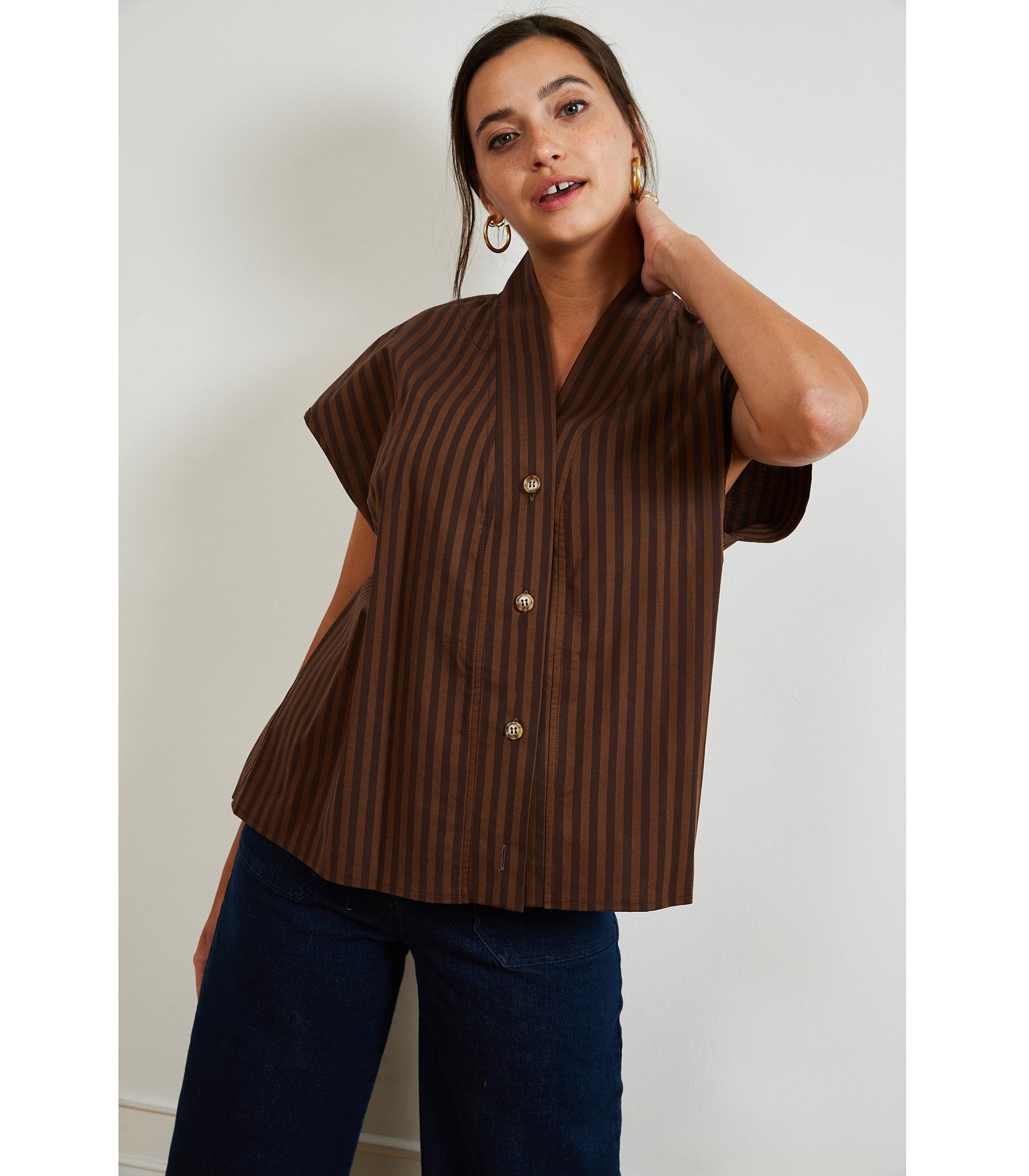 Sienna Shawl Collar Top - Brown Stripe