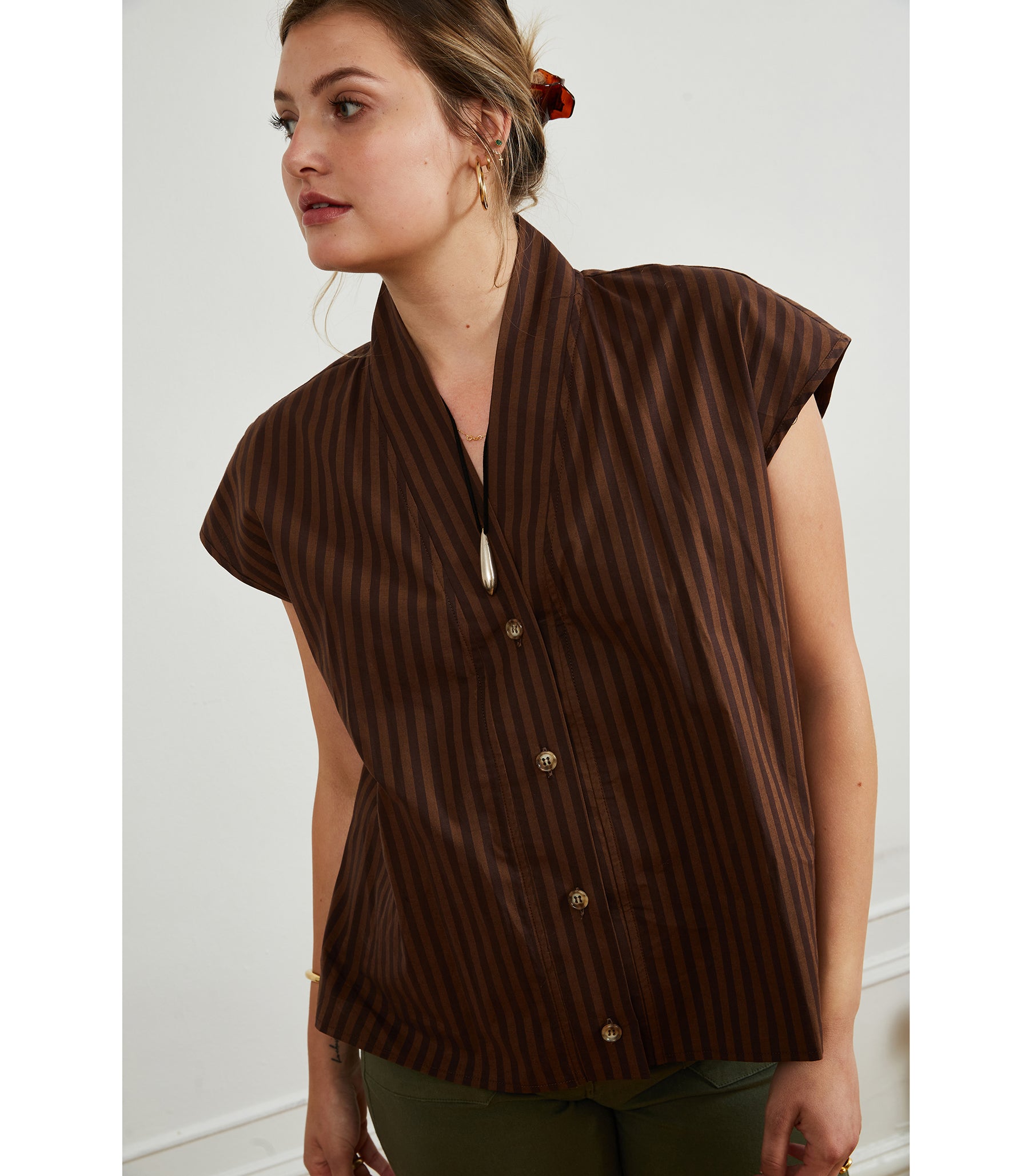 Sienna Shawl Collar Top - Brown Stripe