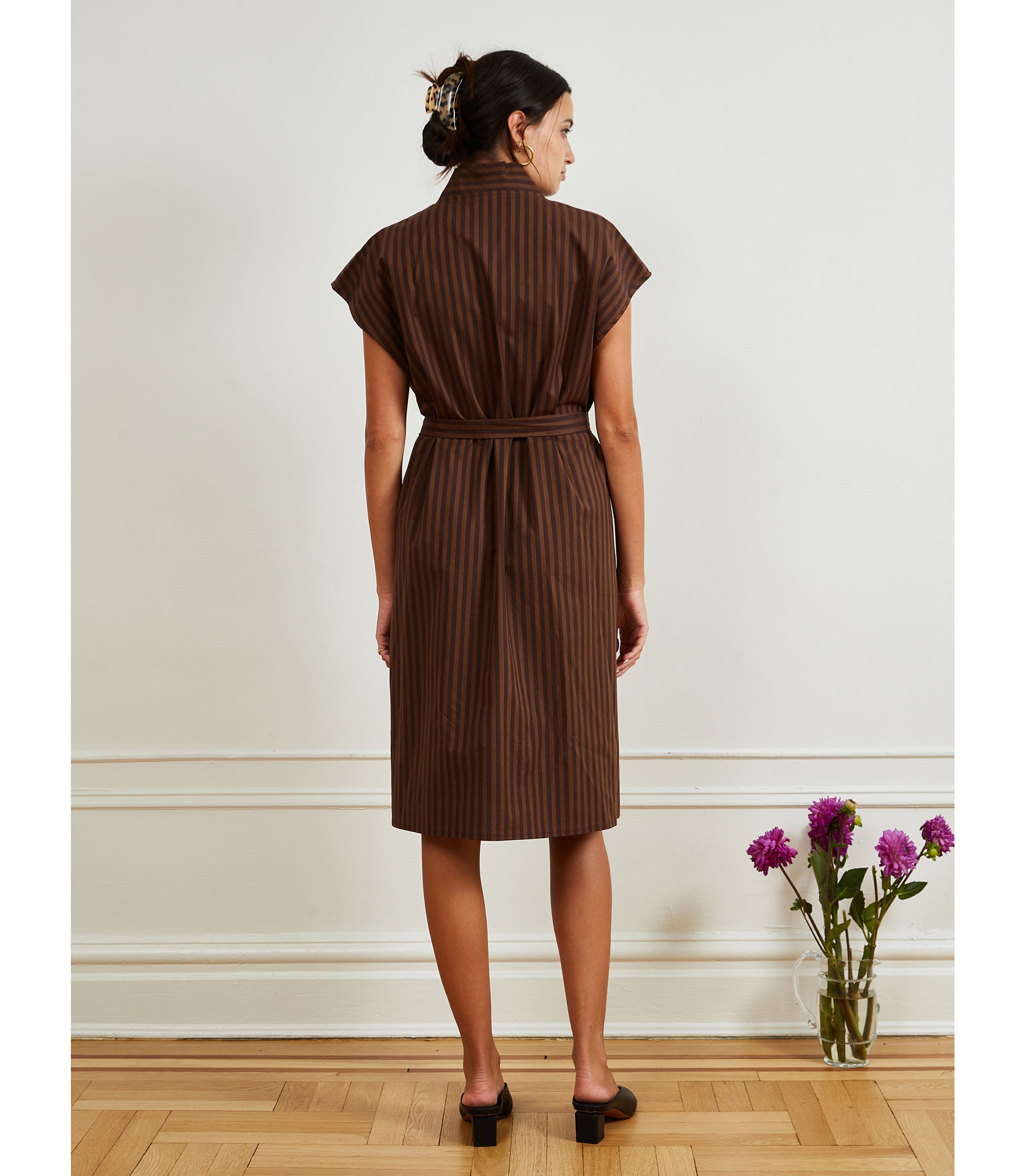 Tina Short Sleeved Shirt Dress - Brown Stripe