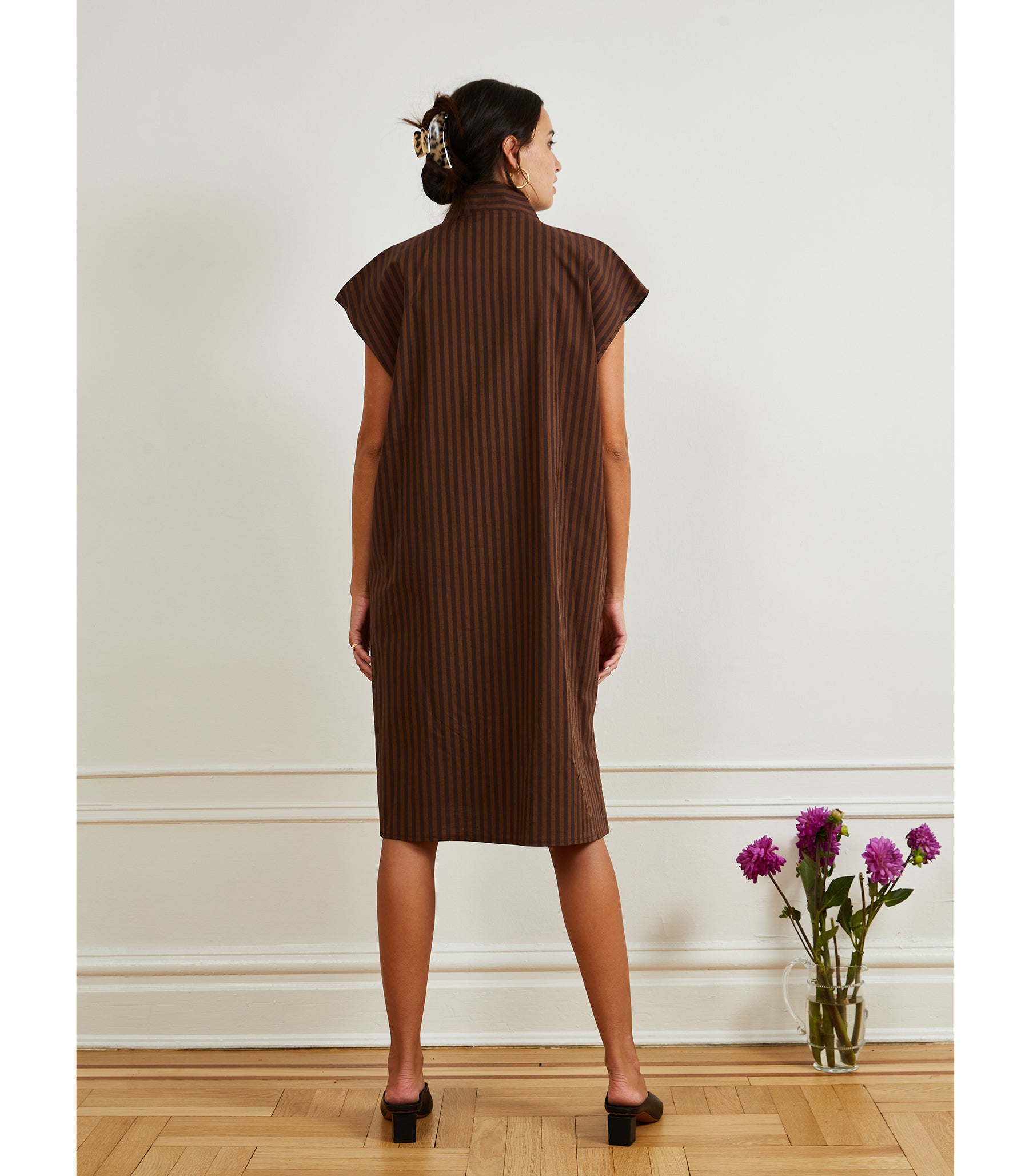 Tina Short Sleeved Shirt Dress - Brown Stripe