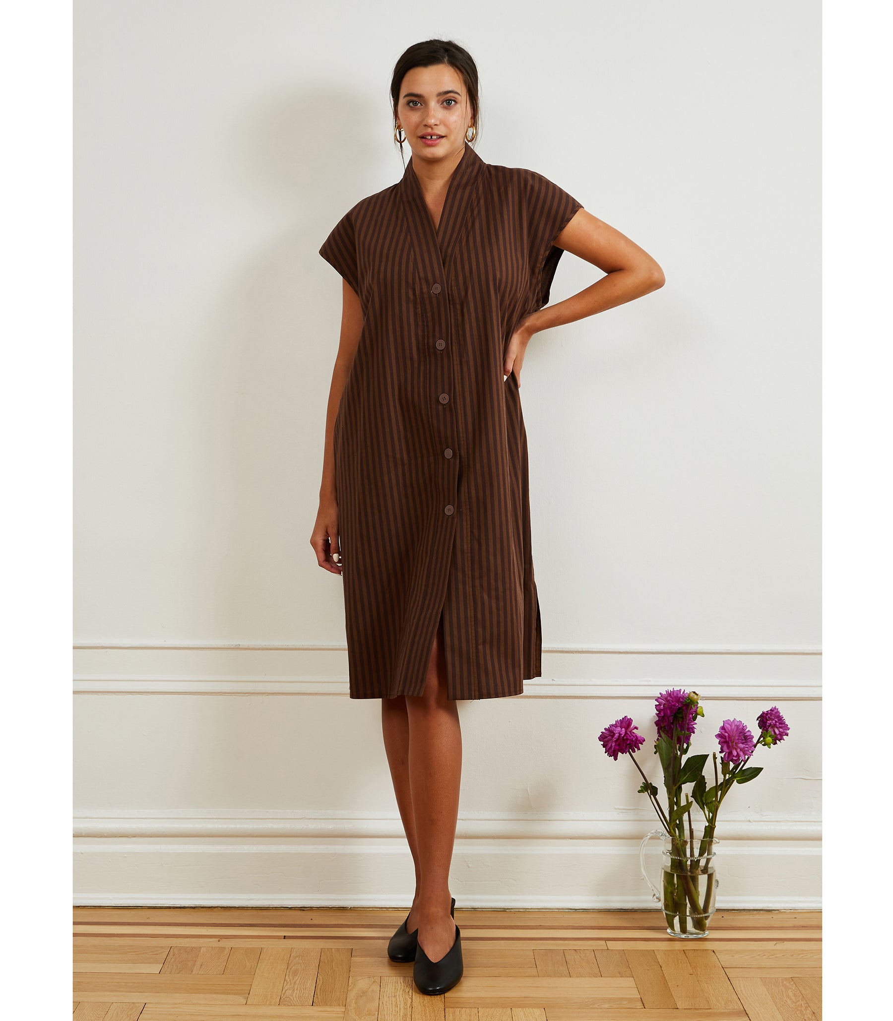 Tina Short Sleeved Shirt Dress - Brown Stripe